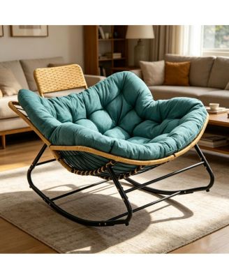 Oversized Papasan Rocking Chair with Thick Cushion and Rattan Pillow