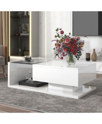 Coffee Table with Tempered Glass, Wooden Center Table with High-gloss UV Surface, 2-Tier Rectangle Tea Table with Drawer for Living Room