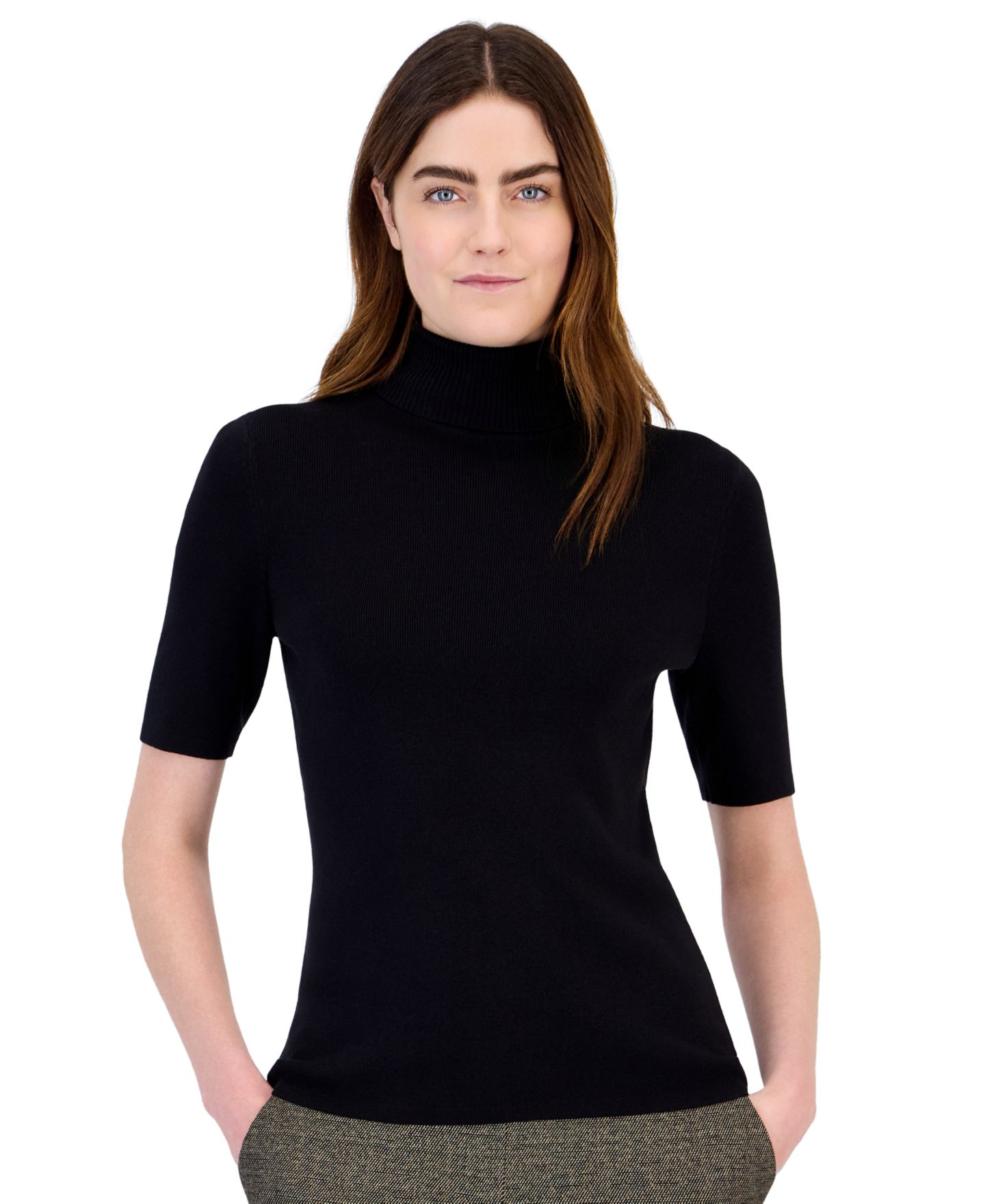 Женский свитер Anne Klein Petite Half-Sleeve Ribbed-Knit Fitted Turtleneck, цвет: Чёрный — фото 1