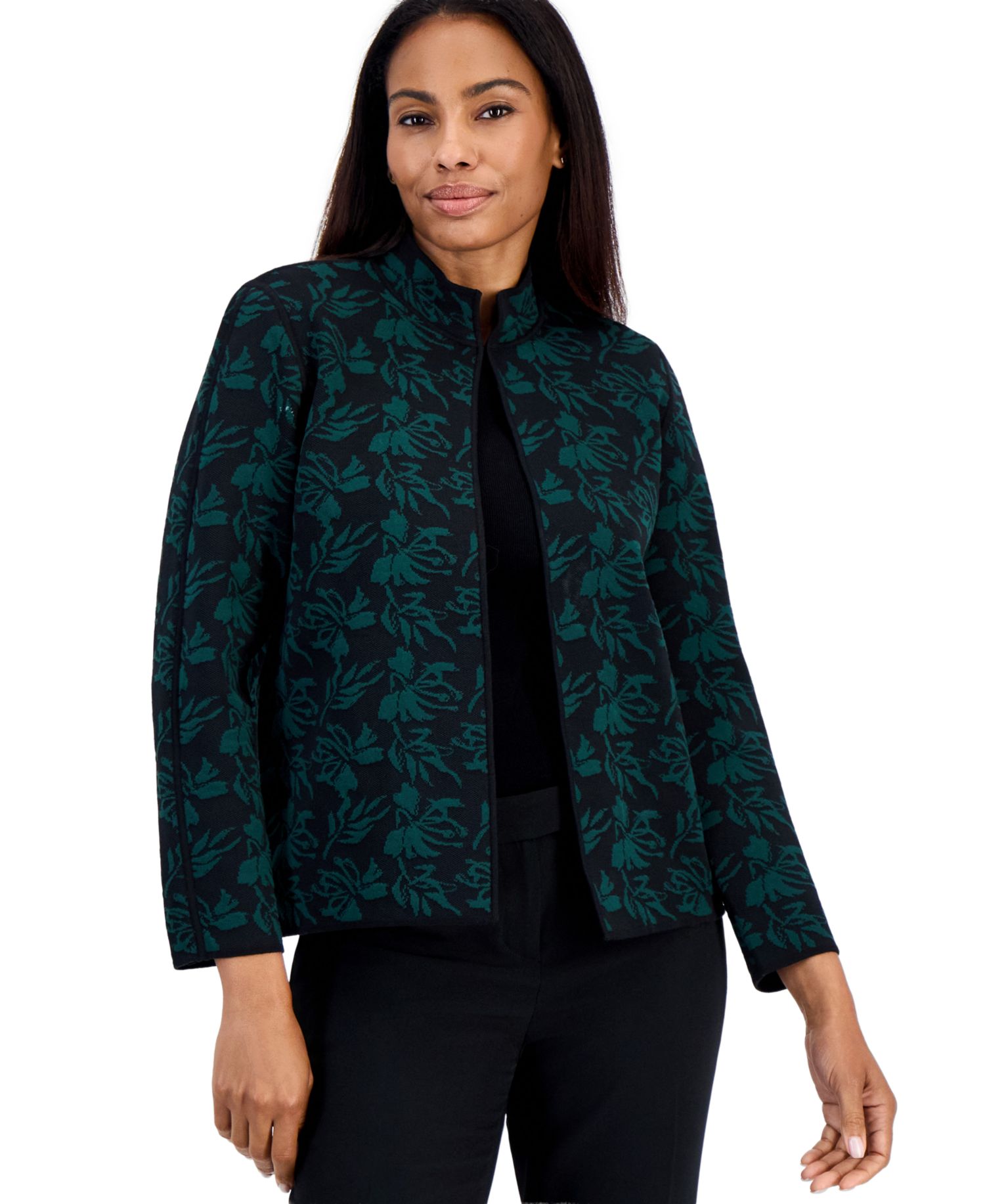 petite Open-Front Floral Cardigan