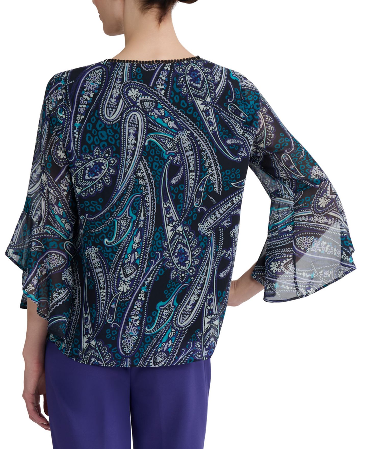 Женская блузка Kasper Printed V-Neck Ruffle-Sleeve Blouse, цвет: Чёрный разноцветный — фото 7
