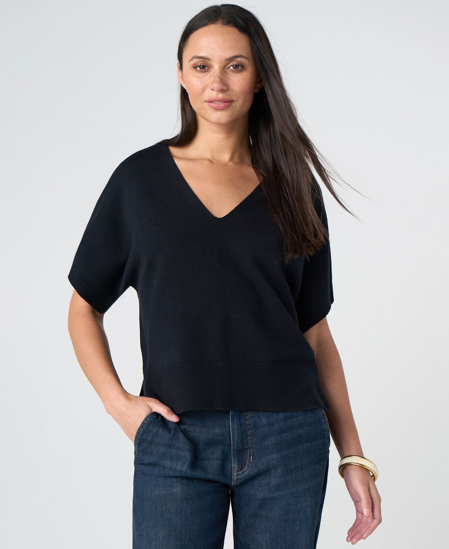 Petite Short-Sleeve V-Neck Dolman Pullover Sweater