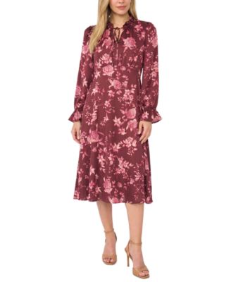 Petite Tie Neck Satin Midi Floral A-Line Dress