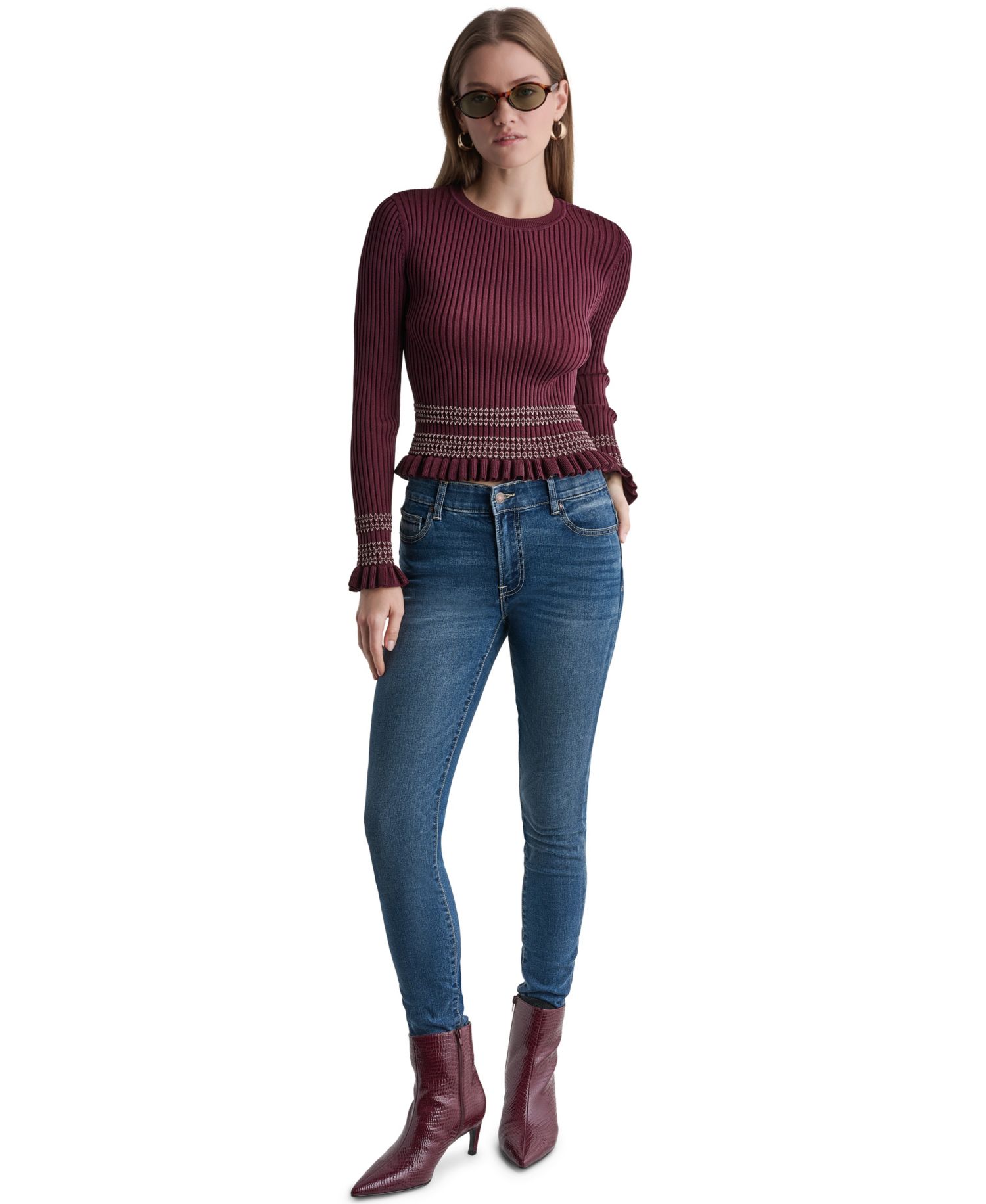 Women's Long Sleeve Crewneck Ribbed Knit Sweater