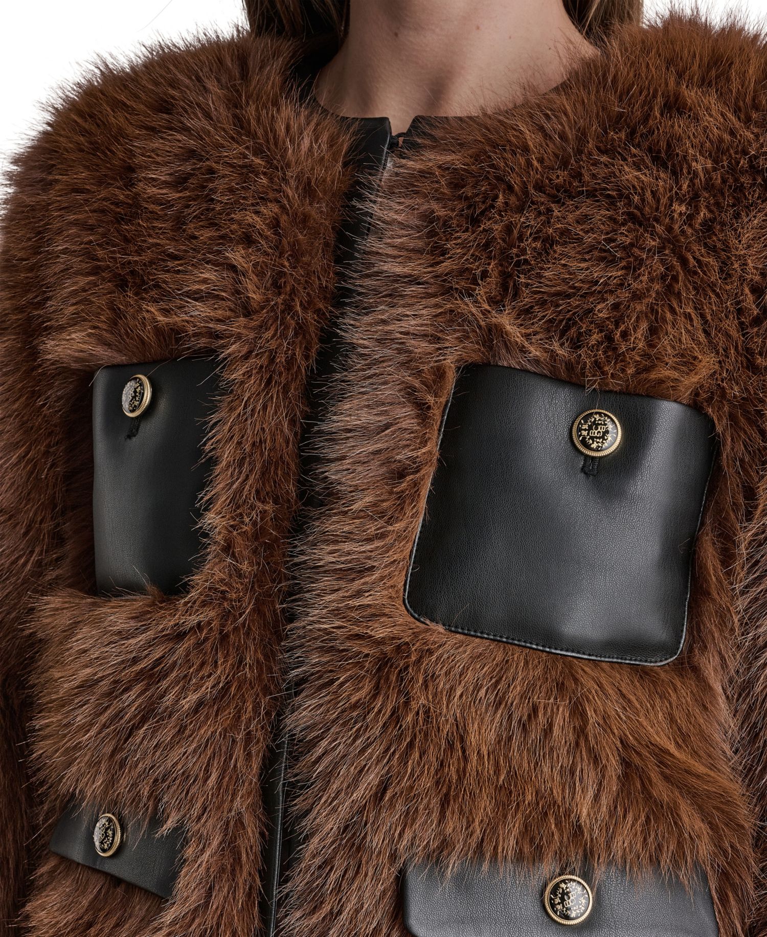 Women's Cropped Faux Fur Jacket with Faux Leather Trim