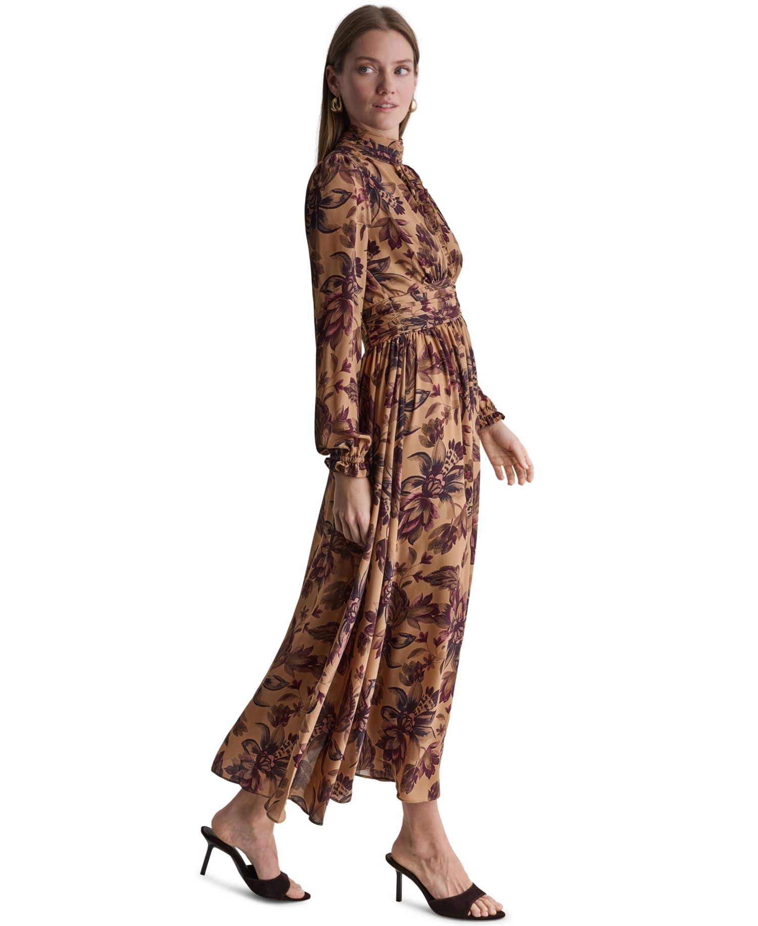 Women's Long Sleeve Floral-Print High-Neck Maxi Dress