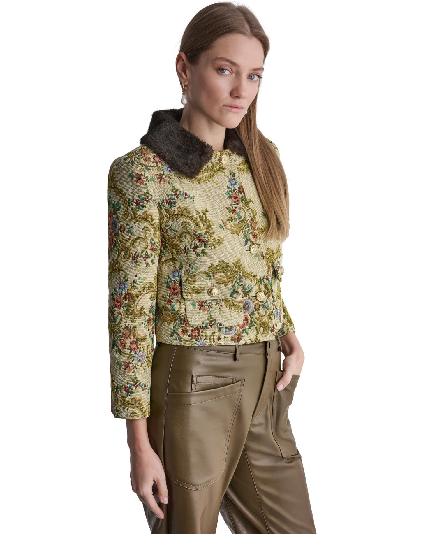 Women's Tapestry Faux-Fur-Collar 3/4-Sleeve Jacket