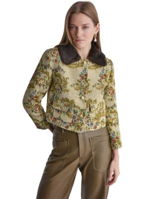 Women's Tapestry Faux-Fur-Collar 3/4-Sleeve Jacket