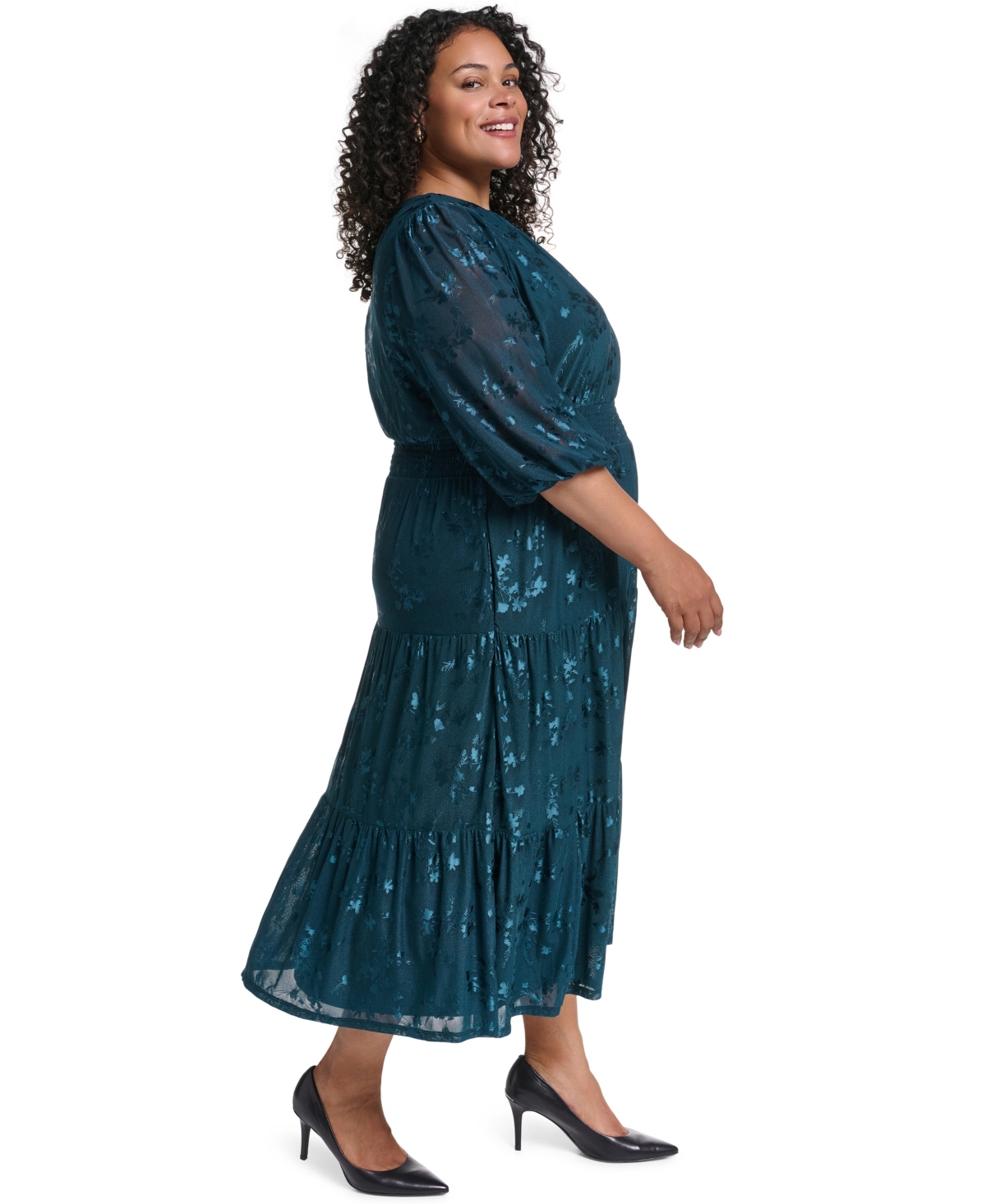 Jessica Howard Plus Smocked Waist 3/4 Sleeve Tiered Midi Dress