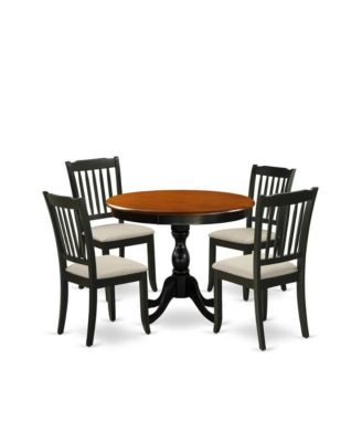 5-Piece Modern Dining Set Includes a Round Wood Table and 4 Linen Fabric Dining Room Chairs with Slatted Back
