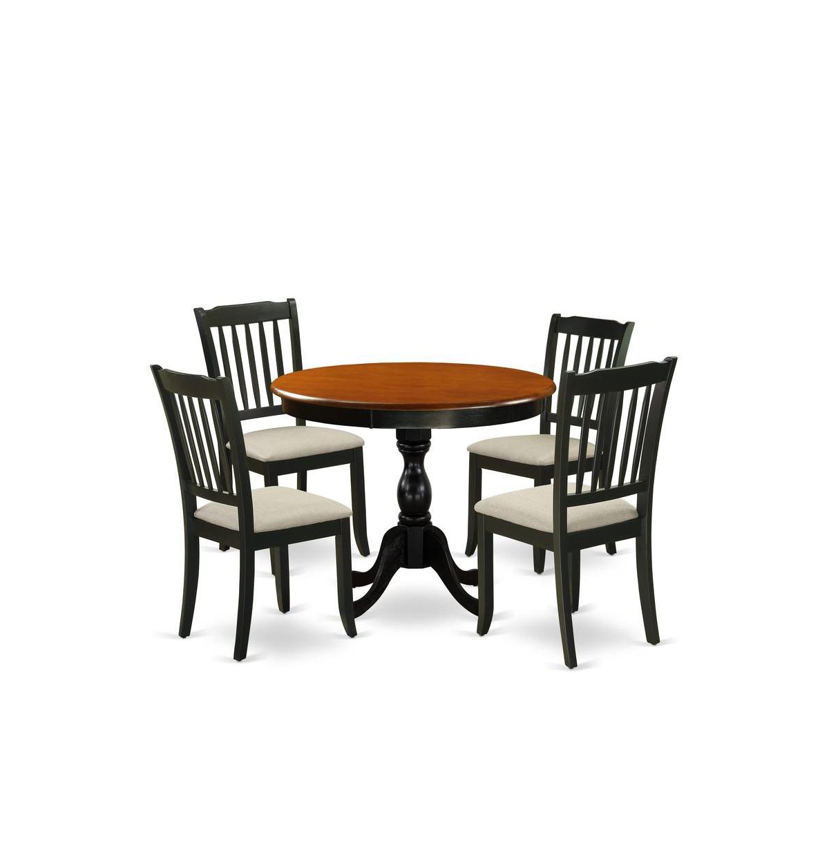 East West Furniture 5-Piece Modern Dining Set Includes a Round Wood Table and 4 Linen Fabric Dining Room Chairs with Slatted Back