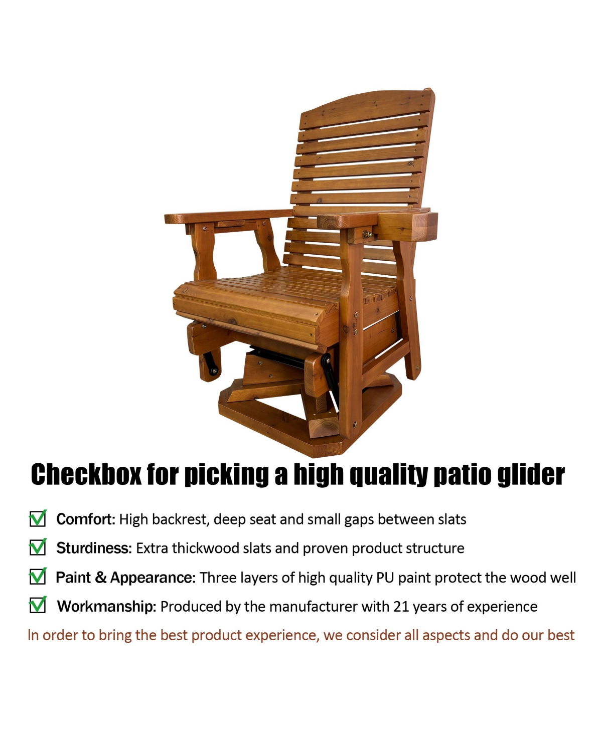 Innovaze Solid Fir Wood Patio Glider Swivel Chair, 360-Degree Rotating Outdoor Rocker with Cup Holders