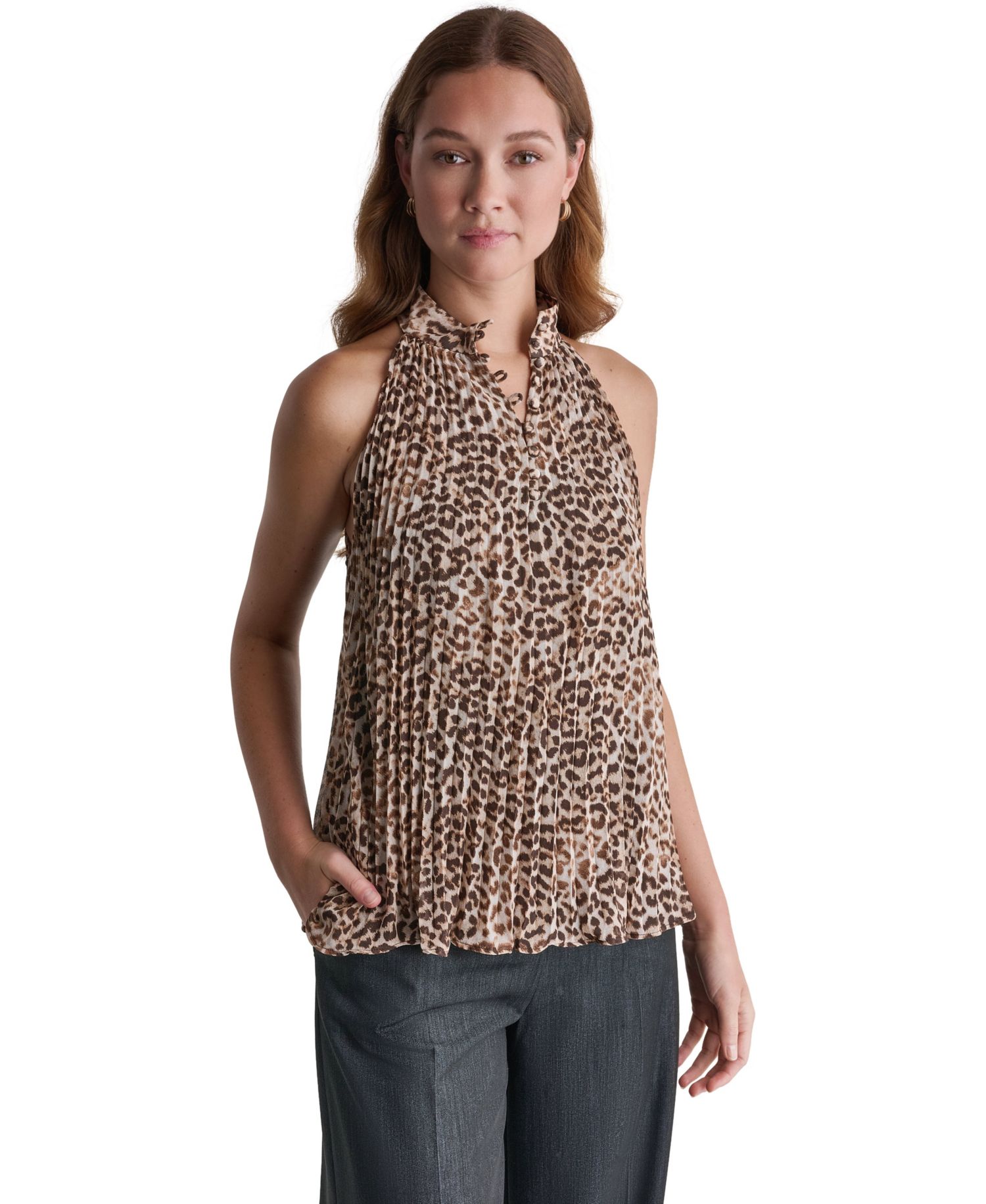 Women's Halter Leopard-Print Pleated Tank Top