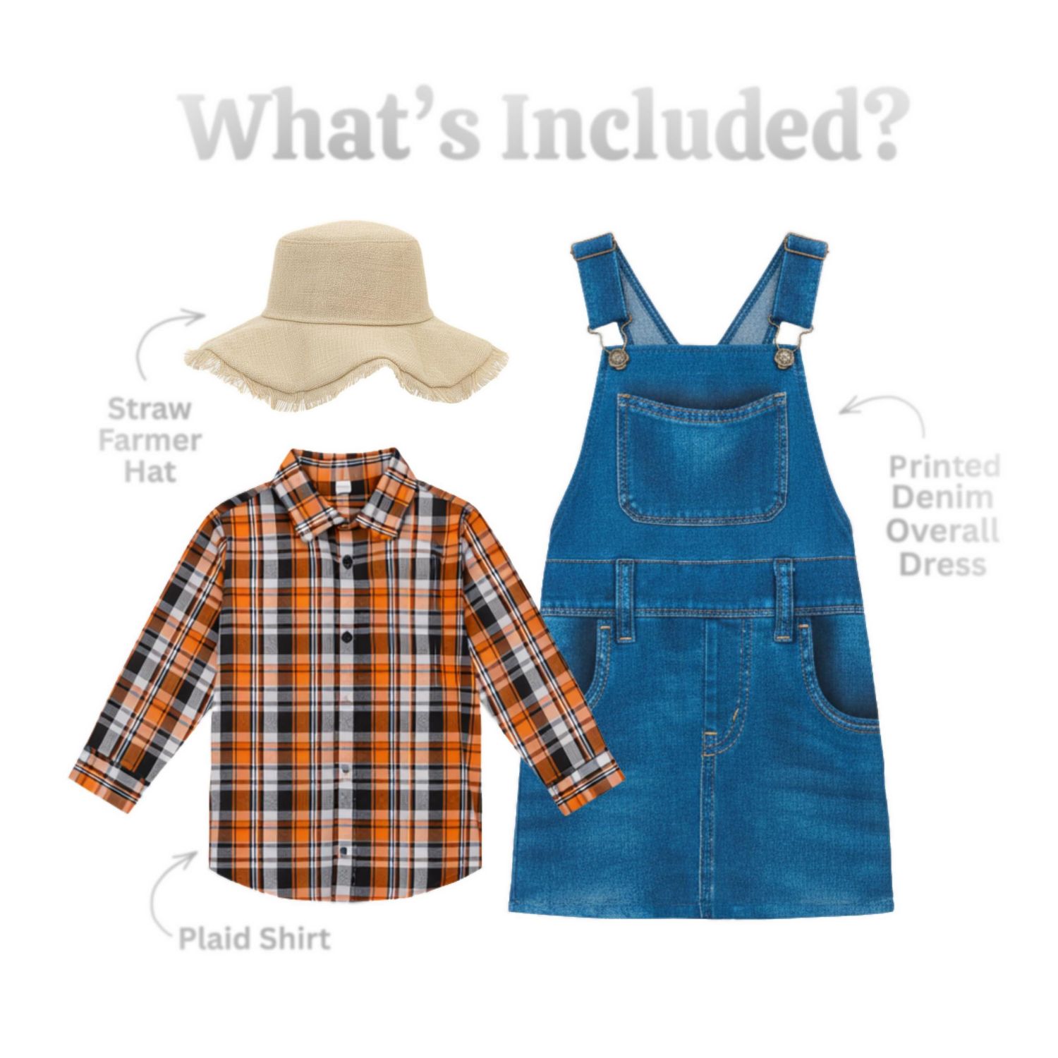 Kids' 4-16 Farmer Costume with Straw Hat, 3-Piece Set
