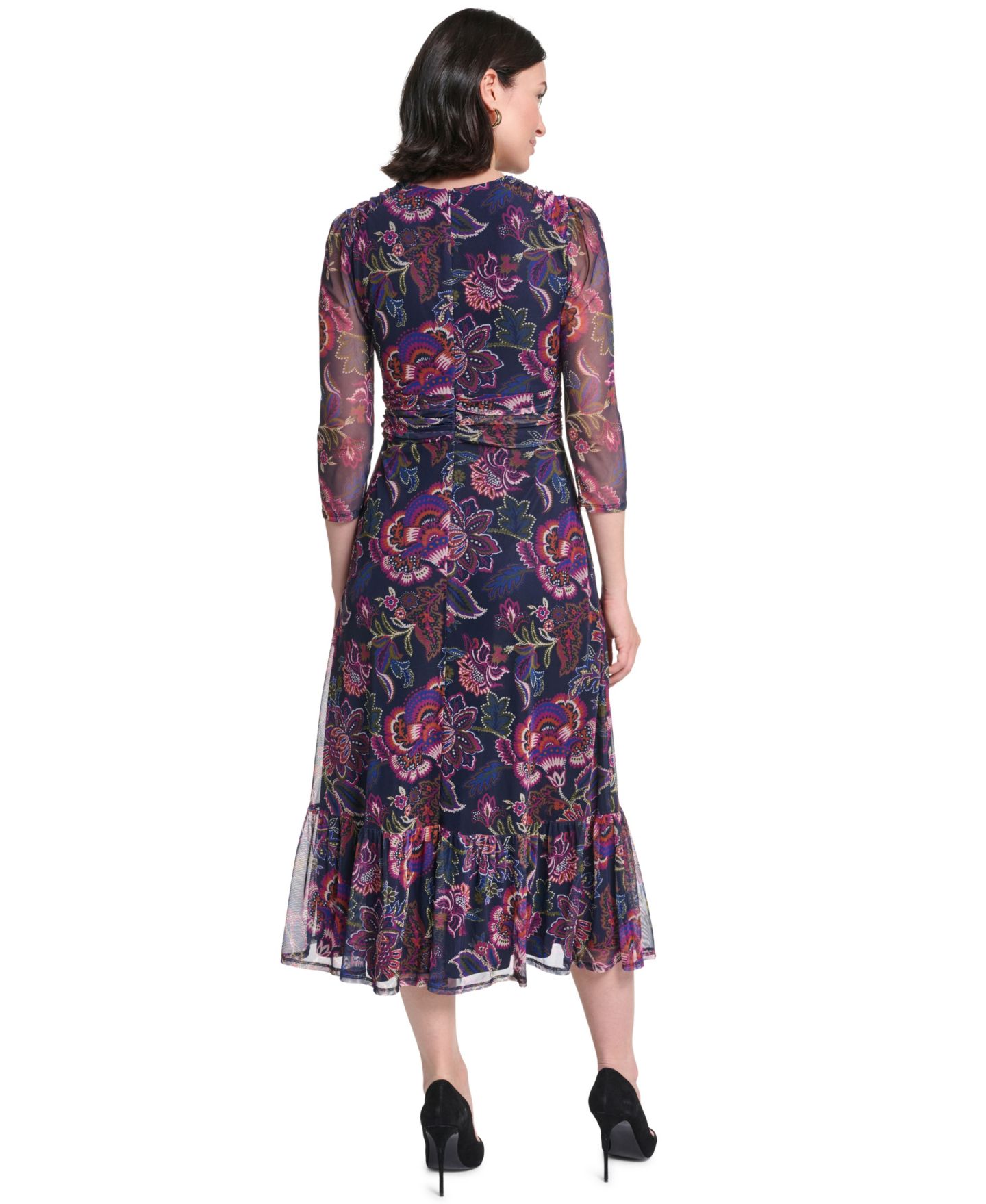 Женское платье Jessica Howard Petite Floral-Print A-Line 3/4-Sleeve Midi, цвет: Тёмно-синий разноцветный — фото 5