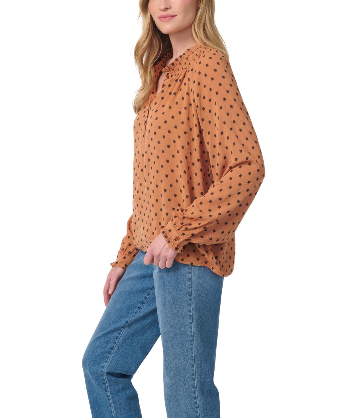 Gloria Vanderbilt Women's Lenna Long-Sleeve Polka-Dot Band-Collar Blouse