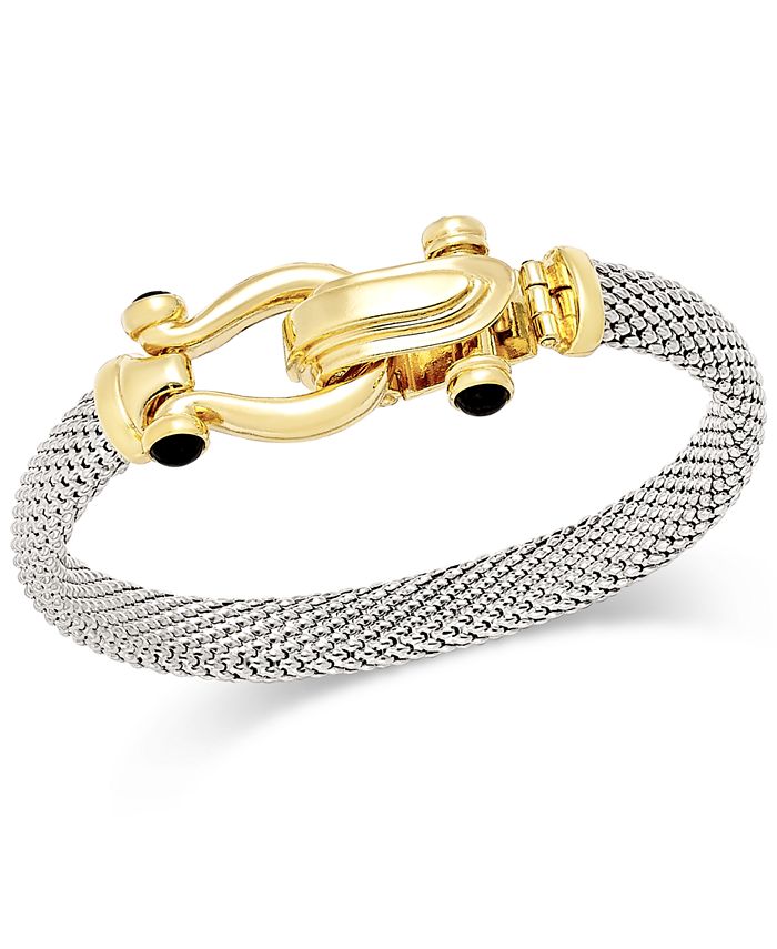 Italian Gold - Horseshoe Bangle Bracelet with Black Spinel Accents in Italian 14k Gold over Silver and Sterling Silver