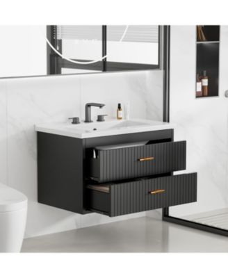 30in Modern Floating Bathroom Vanity with basin - Wall Mounted Storage Cabinet, 2 Soft-Close Drawers, Gold Handles, Water-Resistant Resin Basin