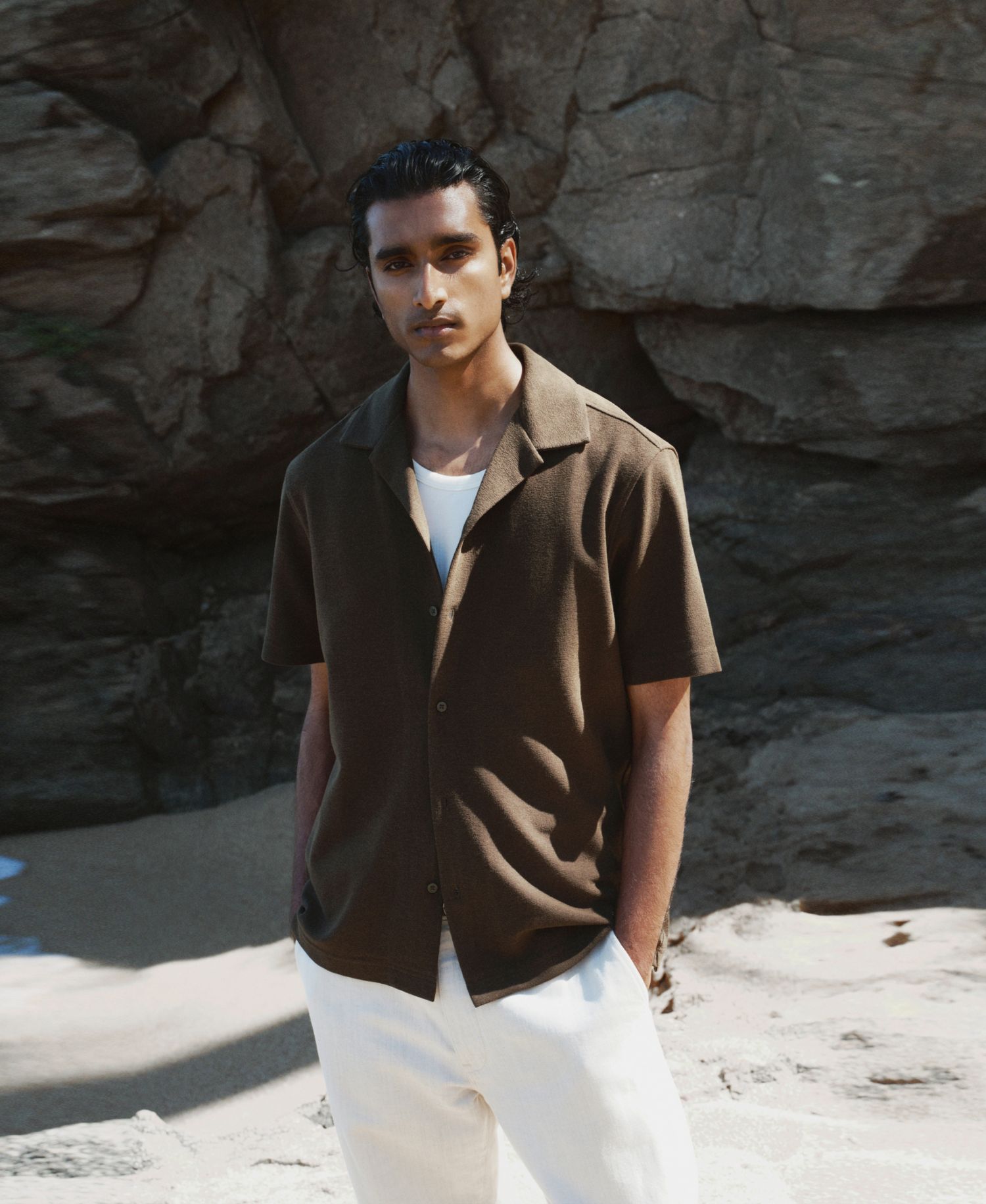 Men's Textured Cotton-Blend Short-Sleeve Button-Down Shirt