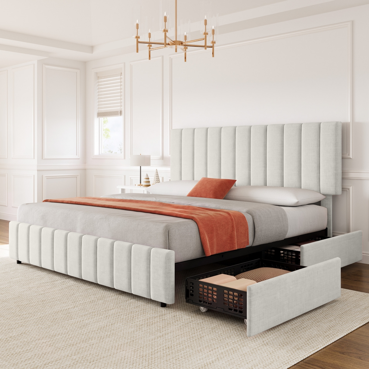 Gaomon Modern Upholstered Platform Bed Frame Featuring 4 Storage Drawers, Adjustable Height Headboard, Heavy Duty Construction