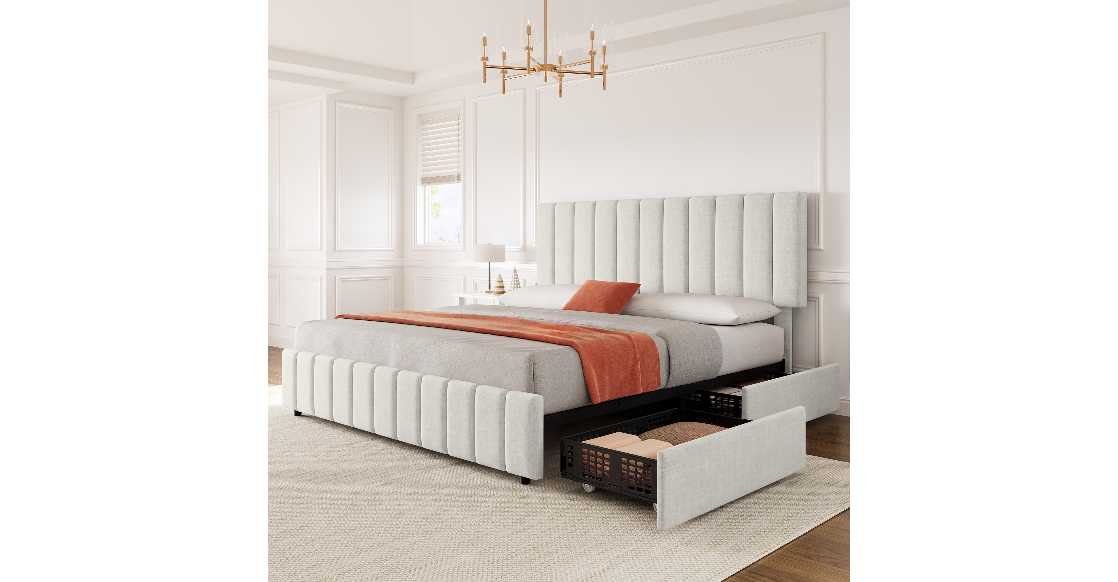 Gaomon Modern Upholstered Platform Bed Frame Featuring 4 Storage Drawers, Adjustable Height Headboard, Heavy Duty Construction