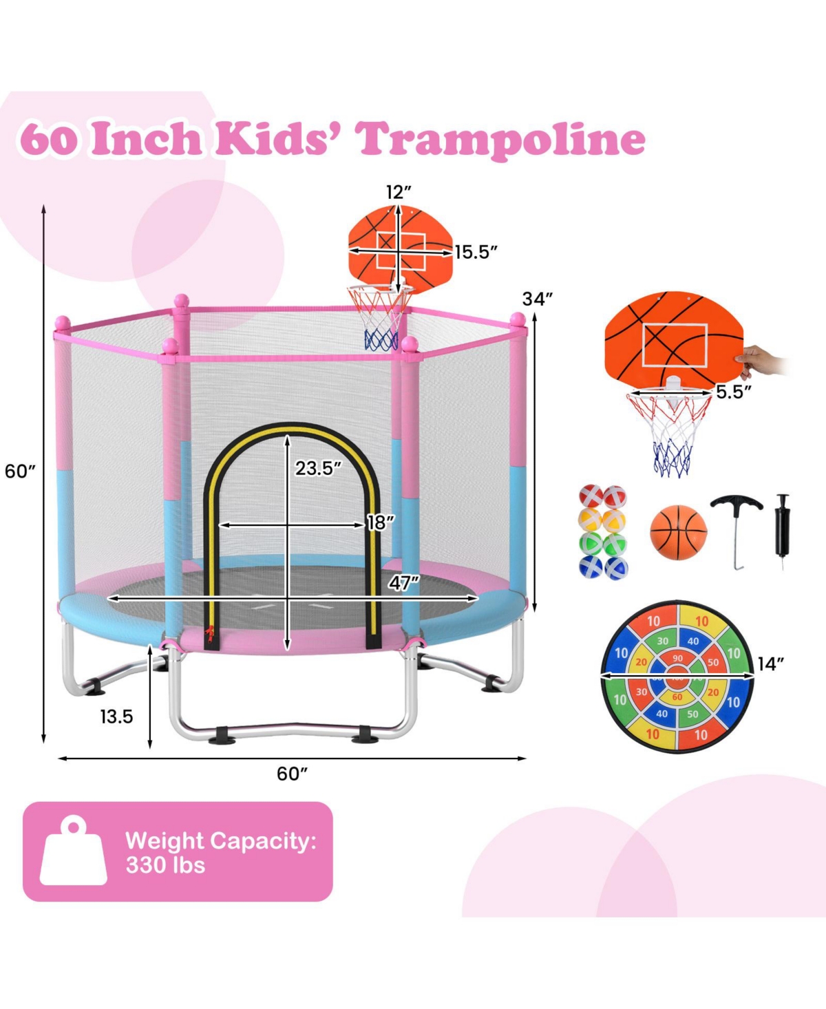 Gymax 60'' Kids Trampoline With Basketball Hoop Dartboard No-gap Design Safe Enclosure Net