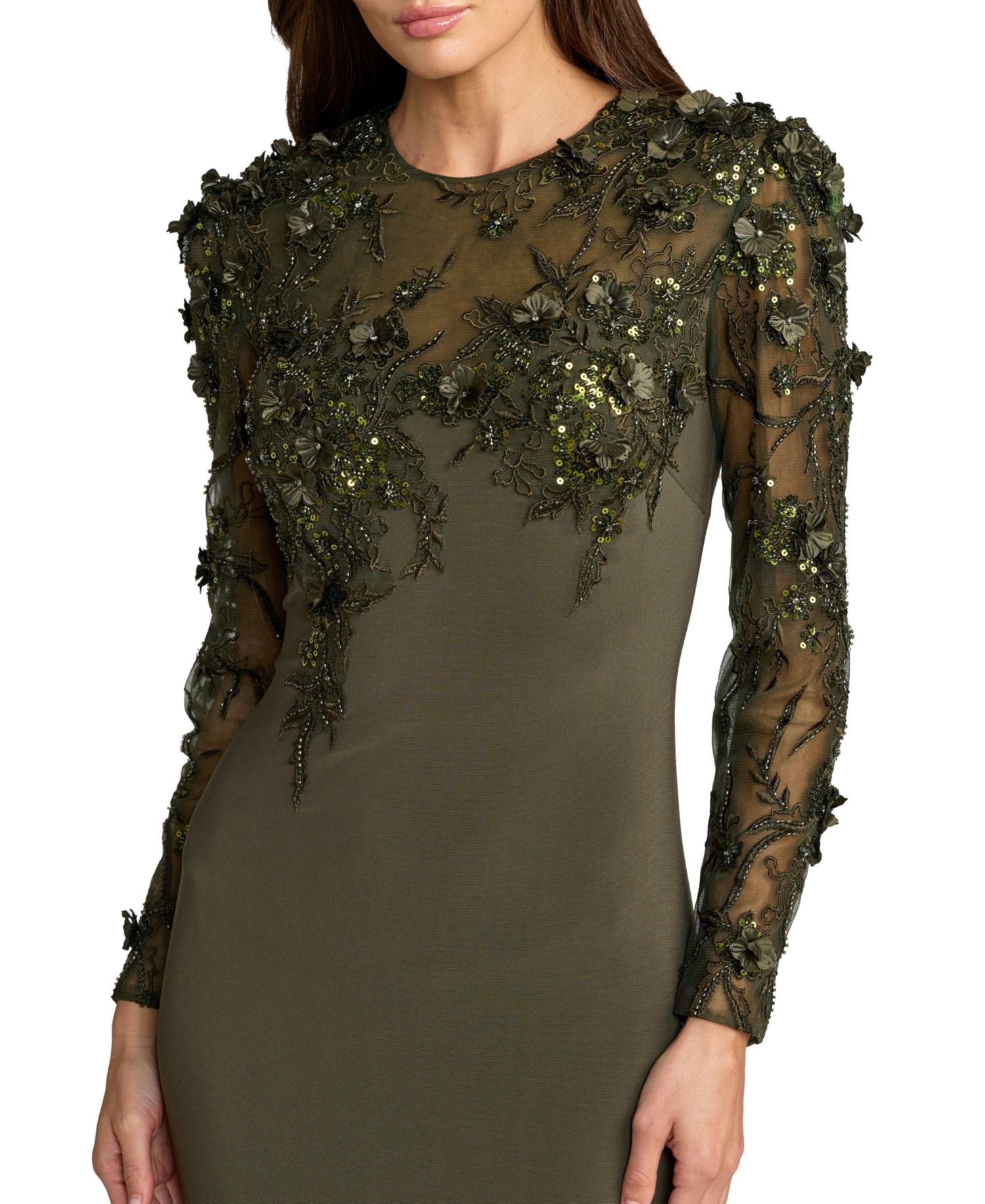 Women's Jersey Long Sleeve Fitted Gown With Floral Beading