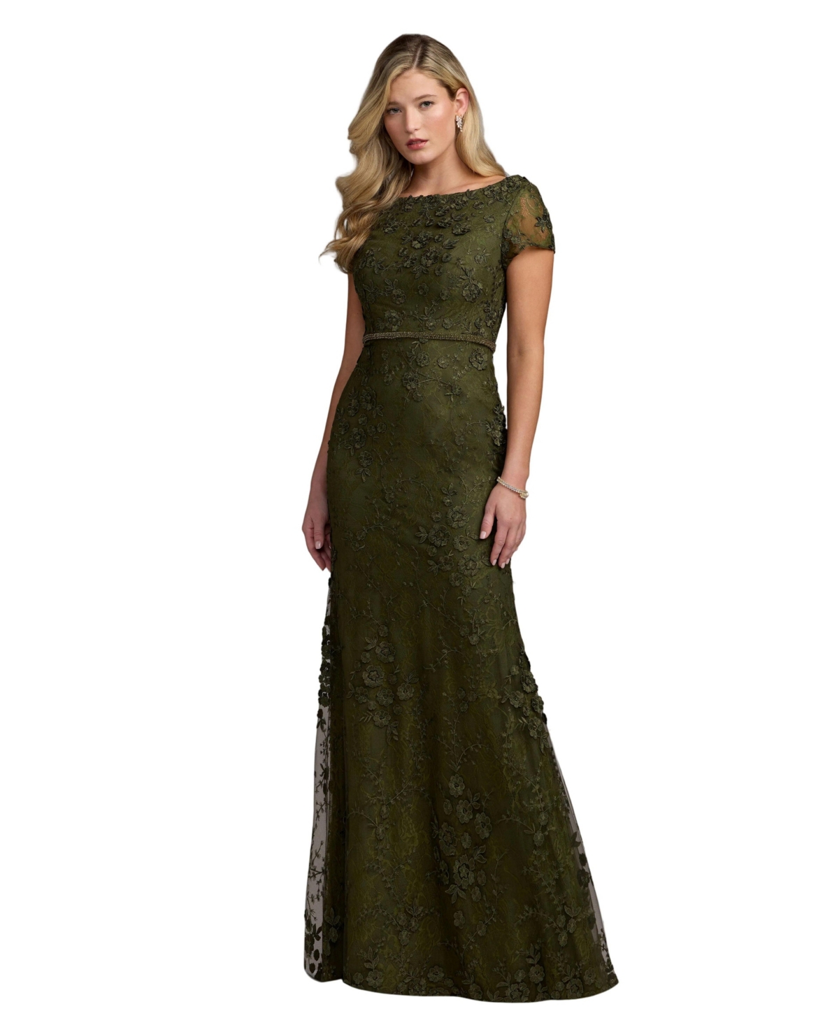 Mac Duggal - Olive Floral Applique Boat Neck Cap Sleeve Gown - US 8