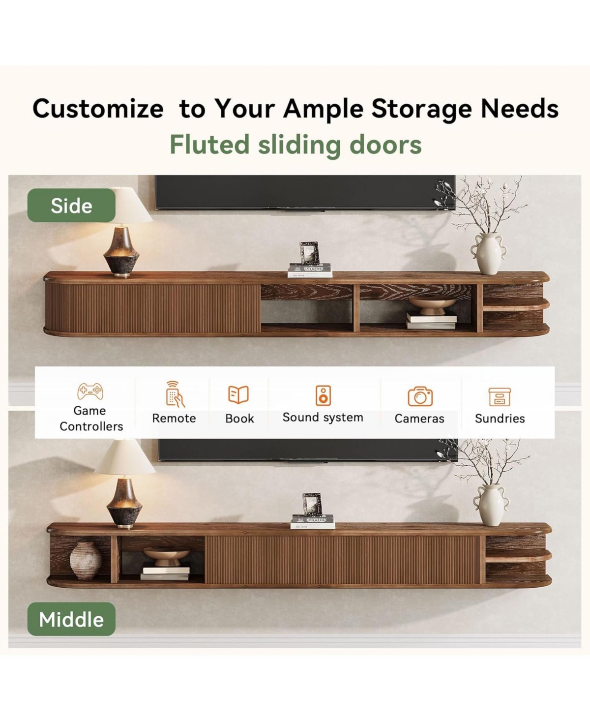 Tribesigns Floating Tv Stand with Fluted Storage Doors, Solid Wood Media Tv Stand with Cable Management, Entertainment Center