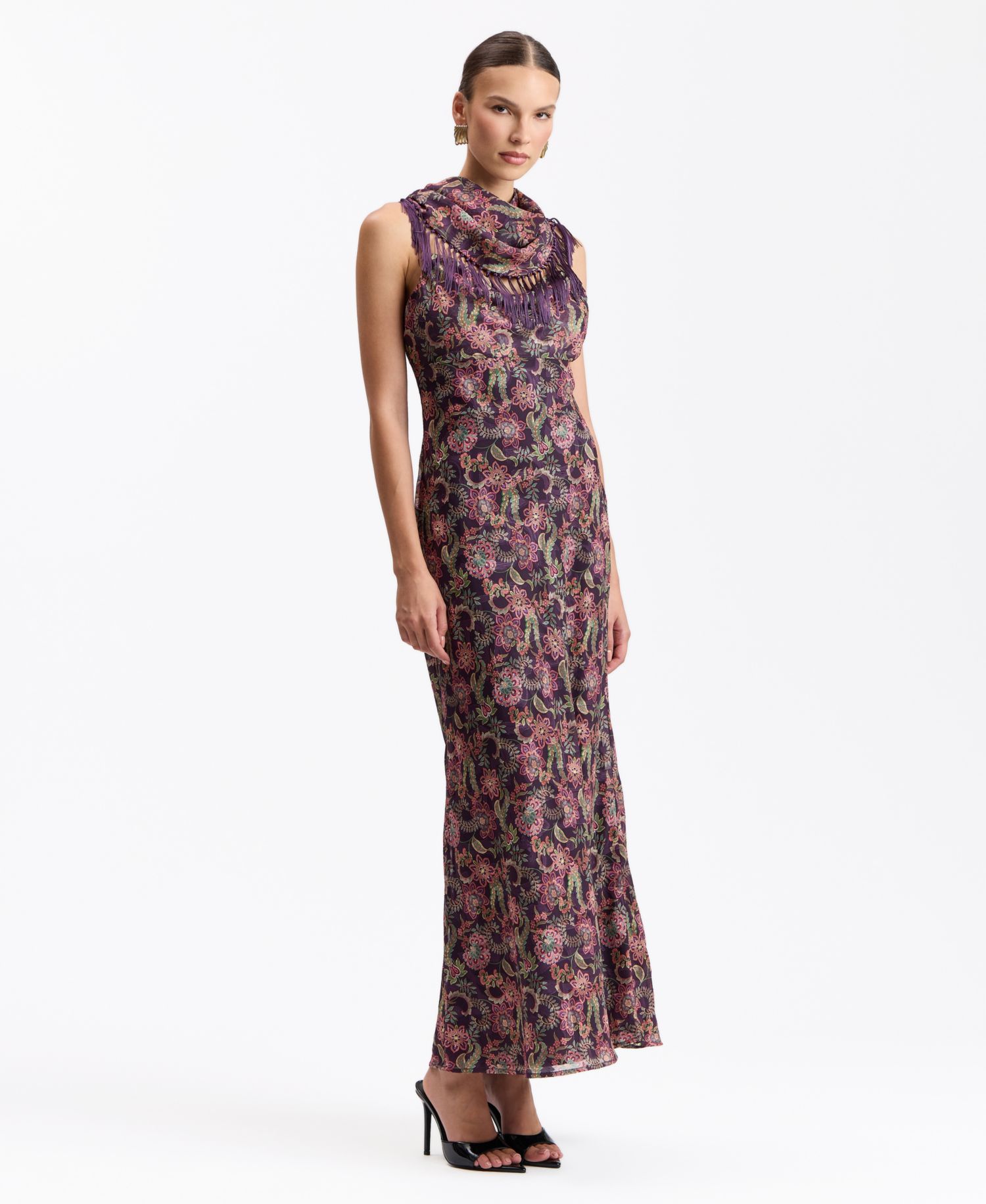 Women's Floral Cowl Neck Fringe Cape Scarf Maxi Dress