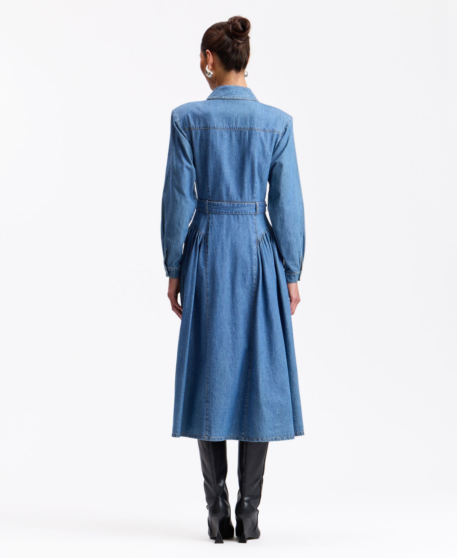 Women's Fit & Flare Belted Statement-Shoulder Denim Midi Shirt Dress