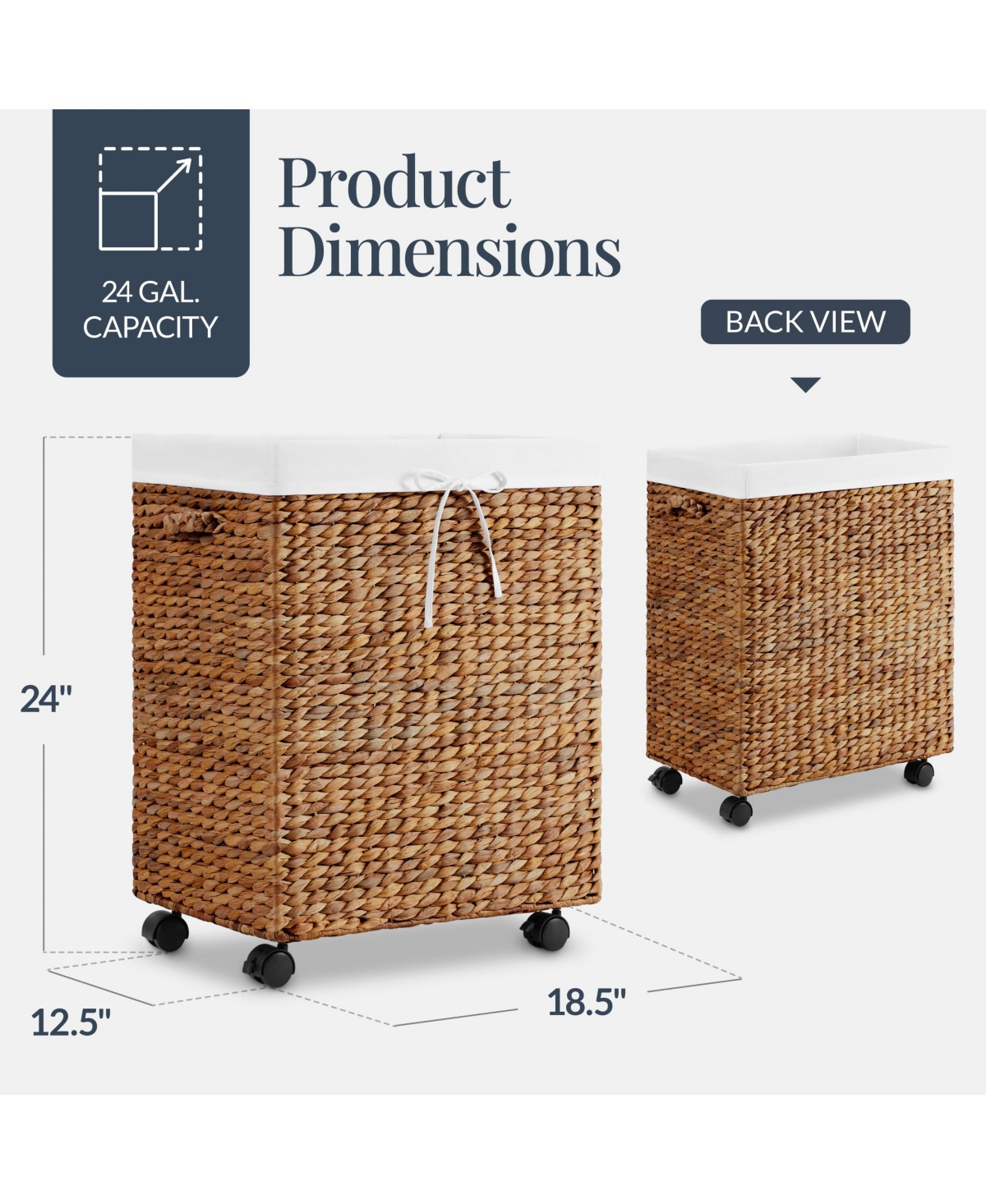 Best Choice Products Medium Laundry Hamper Rolling Wheels, Woven Hyacinth Basket Liner, 24 Gal