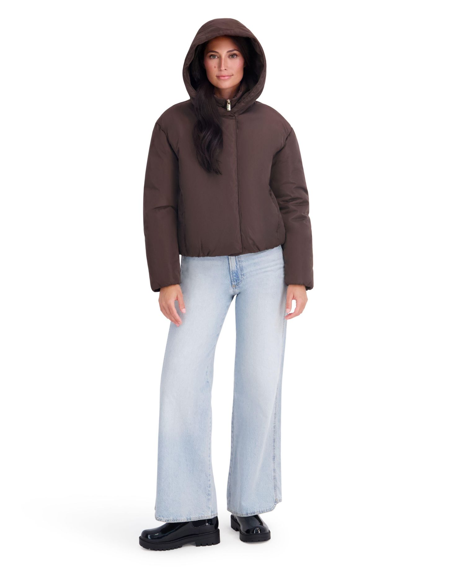 Women's Memory Fabric Puffer Jacket With Attached Hood And Stand Collar