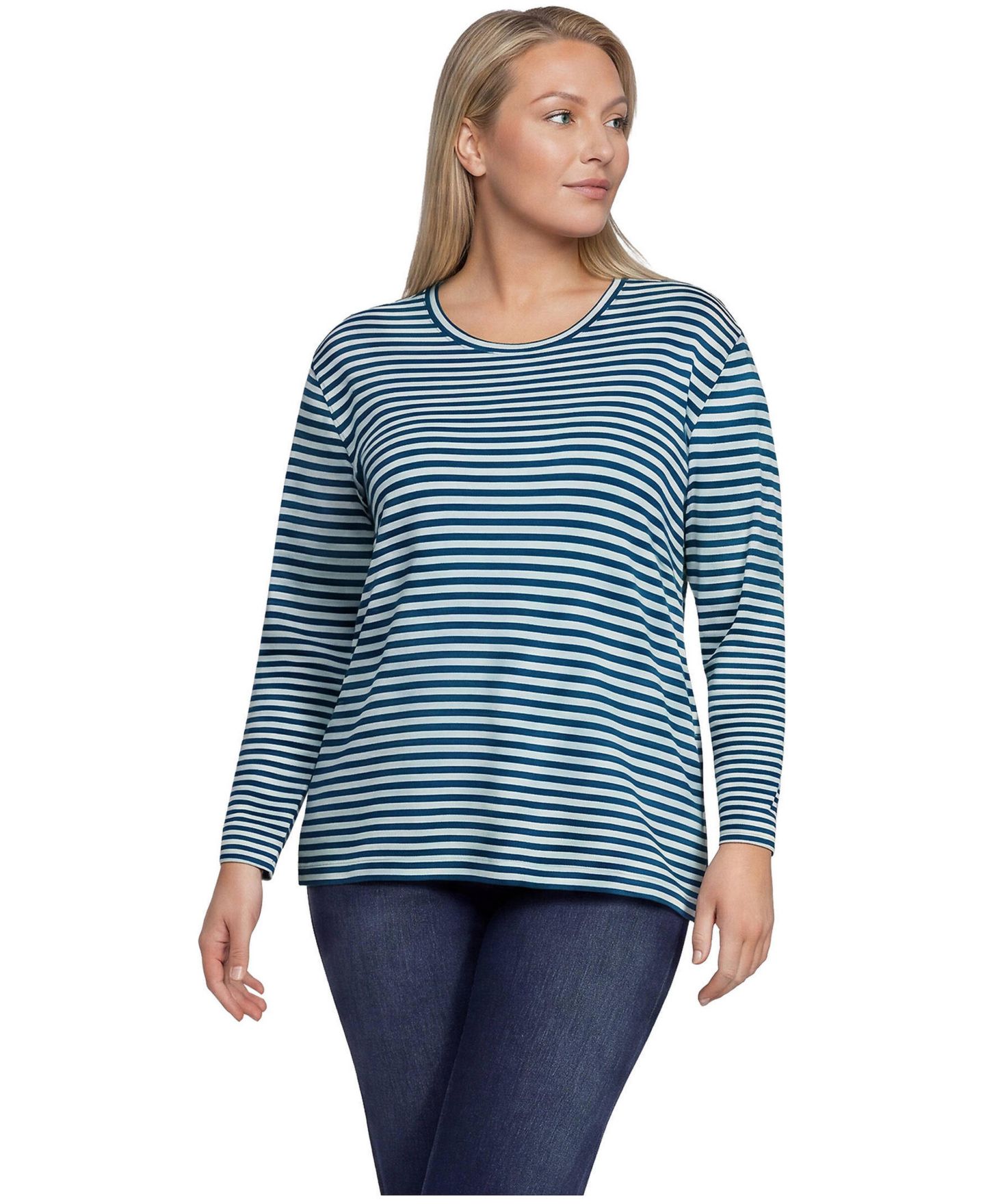 Женский топ Lands' End Plus Size Cotton Relaxed Long Sleeve Crew Neck, цвет: Бирюзовый / Полосатый — фото 3