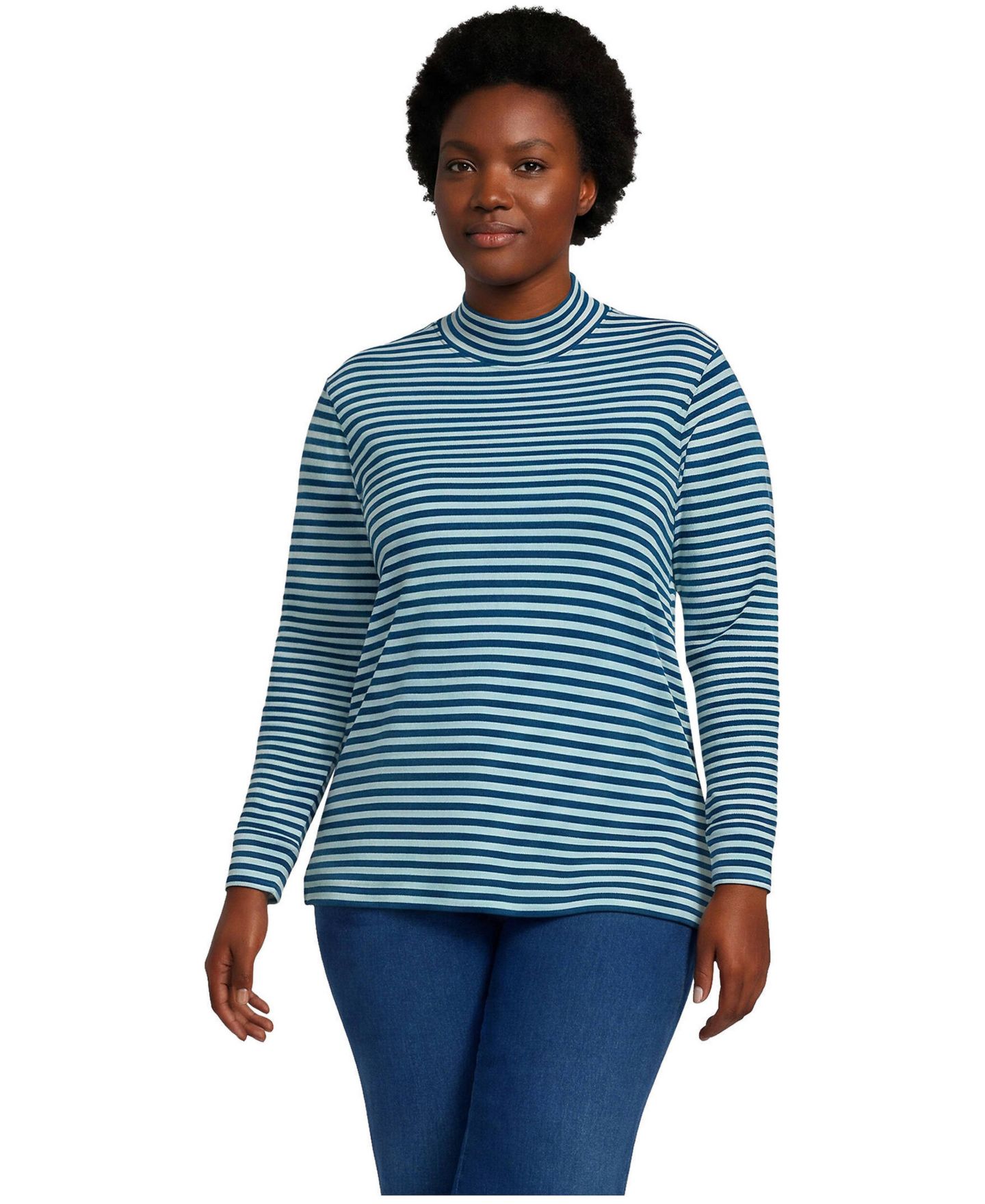 Женский топ Lands' End Plus Size Relaxed Cotton Long Sleeve Mock Turtleneck, цвет: Бирюзовый / Полосатый — фото 3