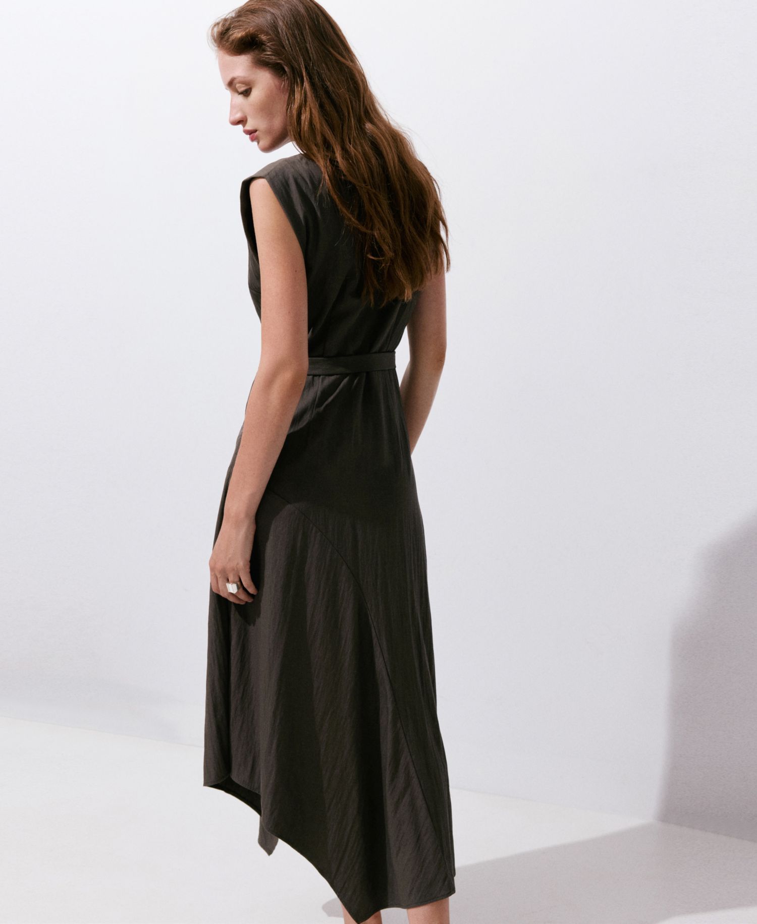 Women's Belted Asymmetric Crewneck Midi Dress