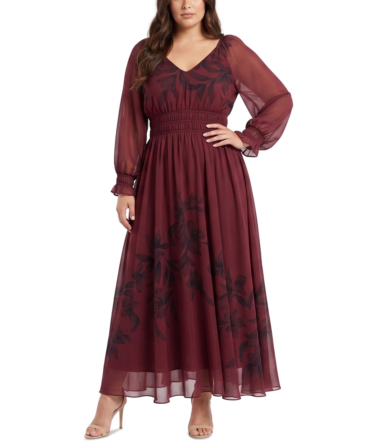 Plus Size Placement Print Maxi A-Line V-Neck Dress