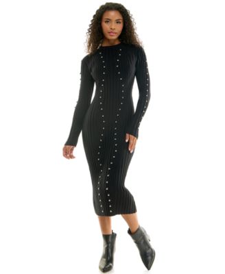 Juniors' Long Sleeve Metal Bead Ring Trim Mock Neck Midi Sweater Dress
