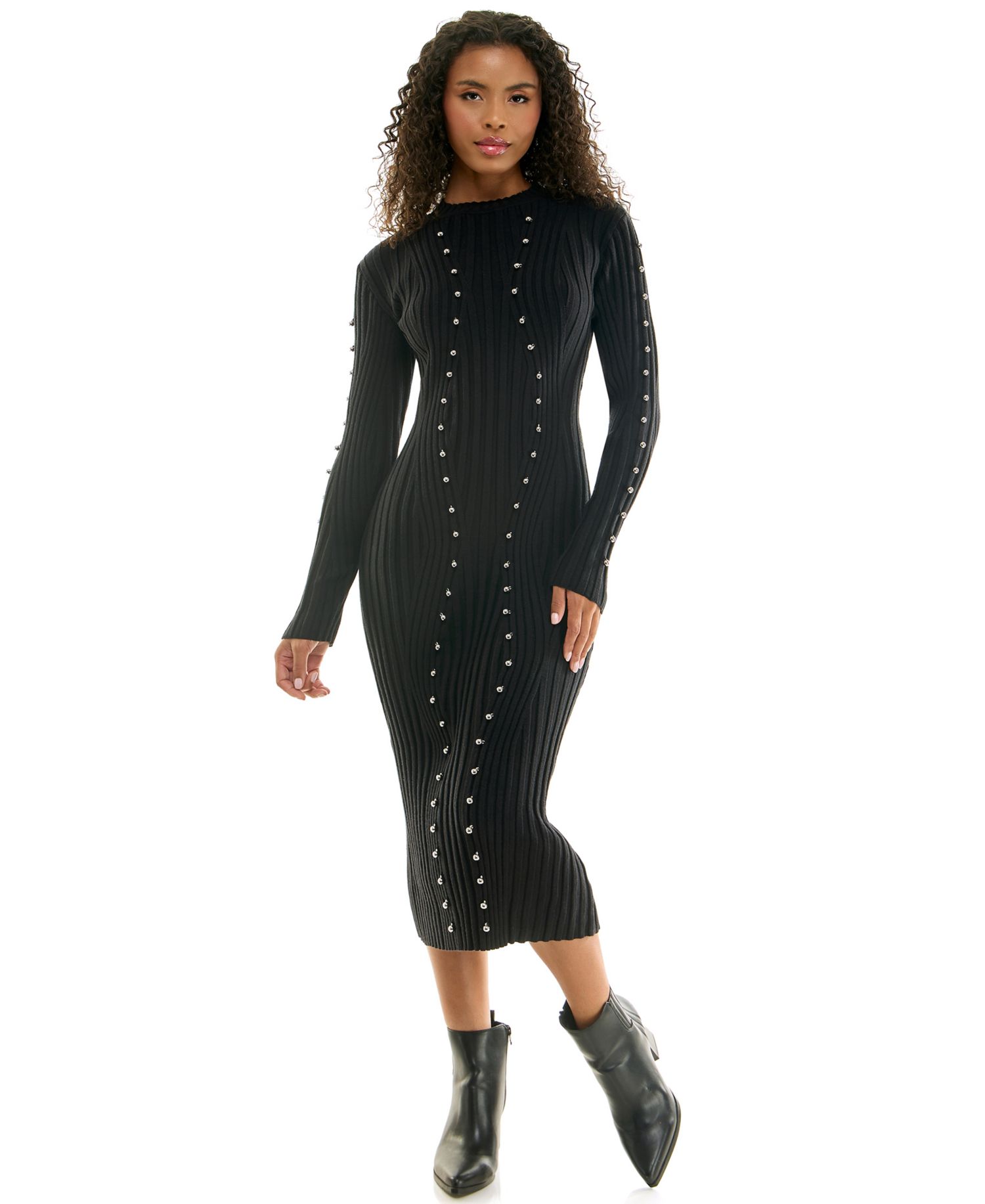 Juniors' Long Sleeve Metal Bead Ring Trim Mock Neck Midi Sweater Dress