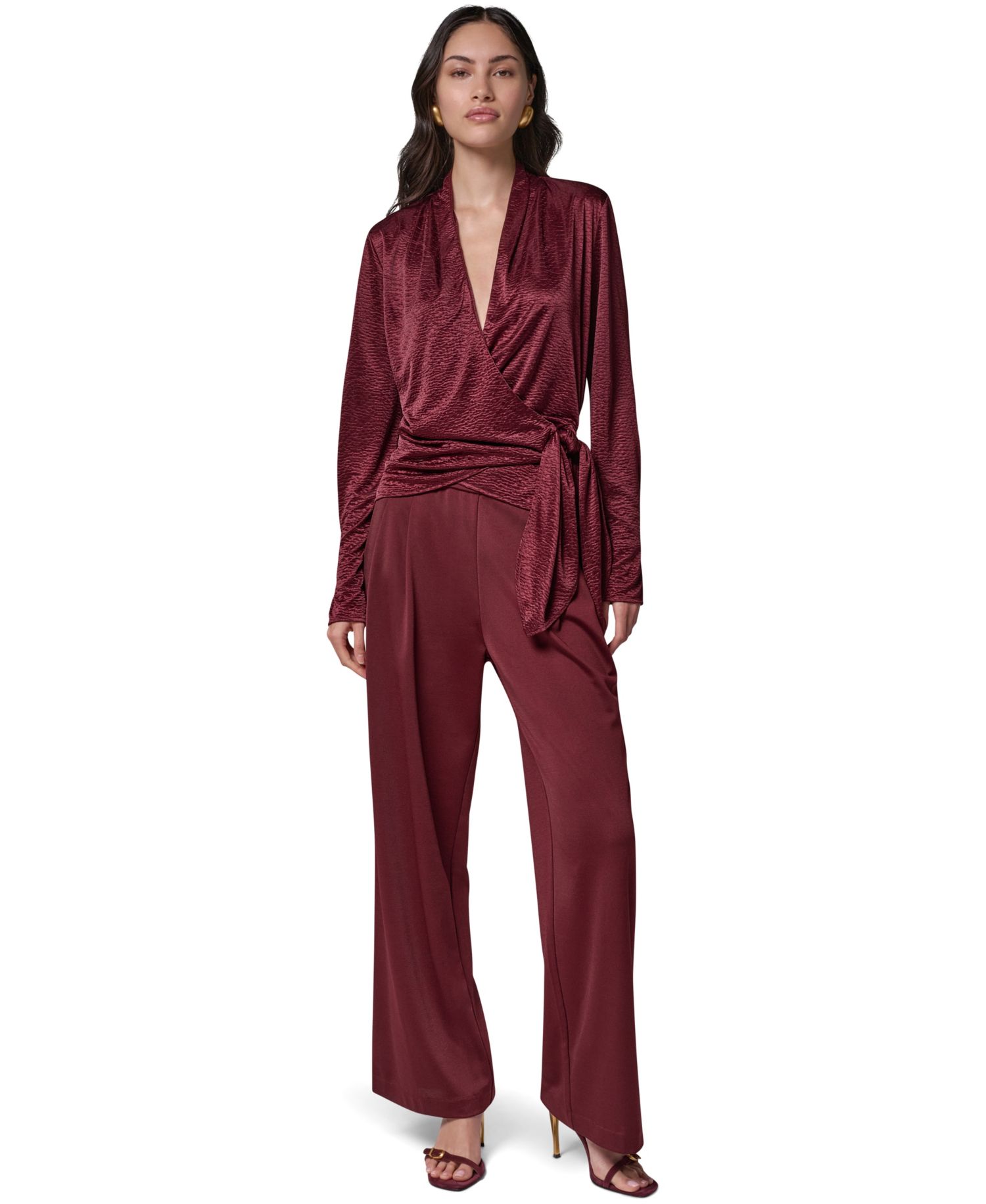 Women's Long-Sleeve Crinkled V-Neck Blouse