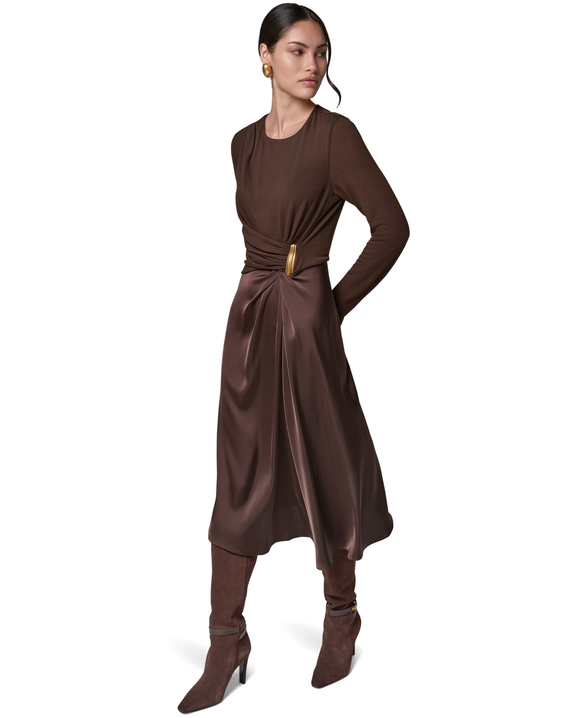 Donna Karan New York Women's L/S Whwre @ Waist Long-Sleeve Fit-and-Flare Midi Dress