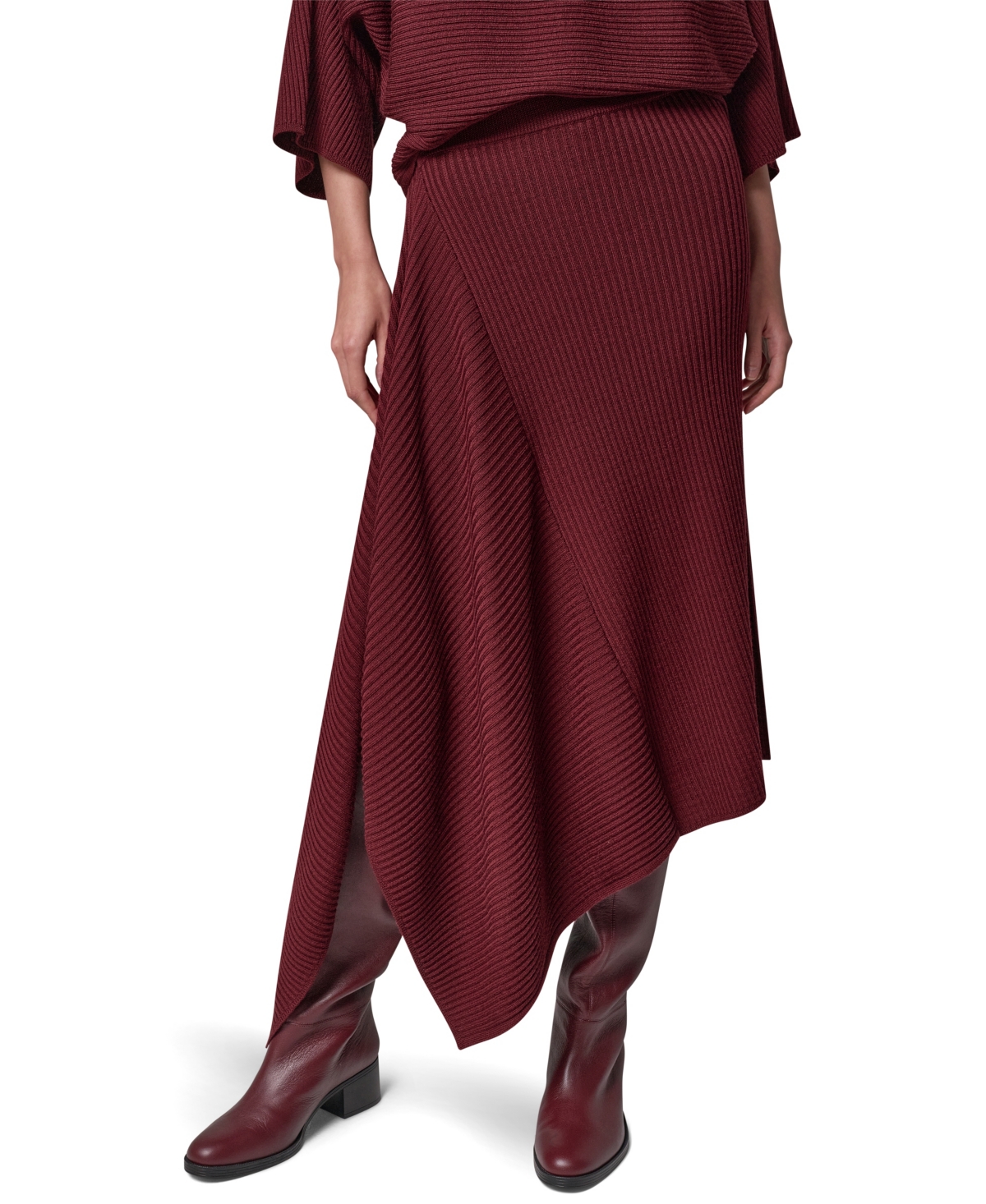Donna Karan New York Women's High-Waisted High-Low Ribbed-Knit Merino Wool Skirt - Black Cherry