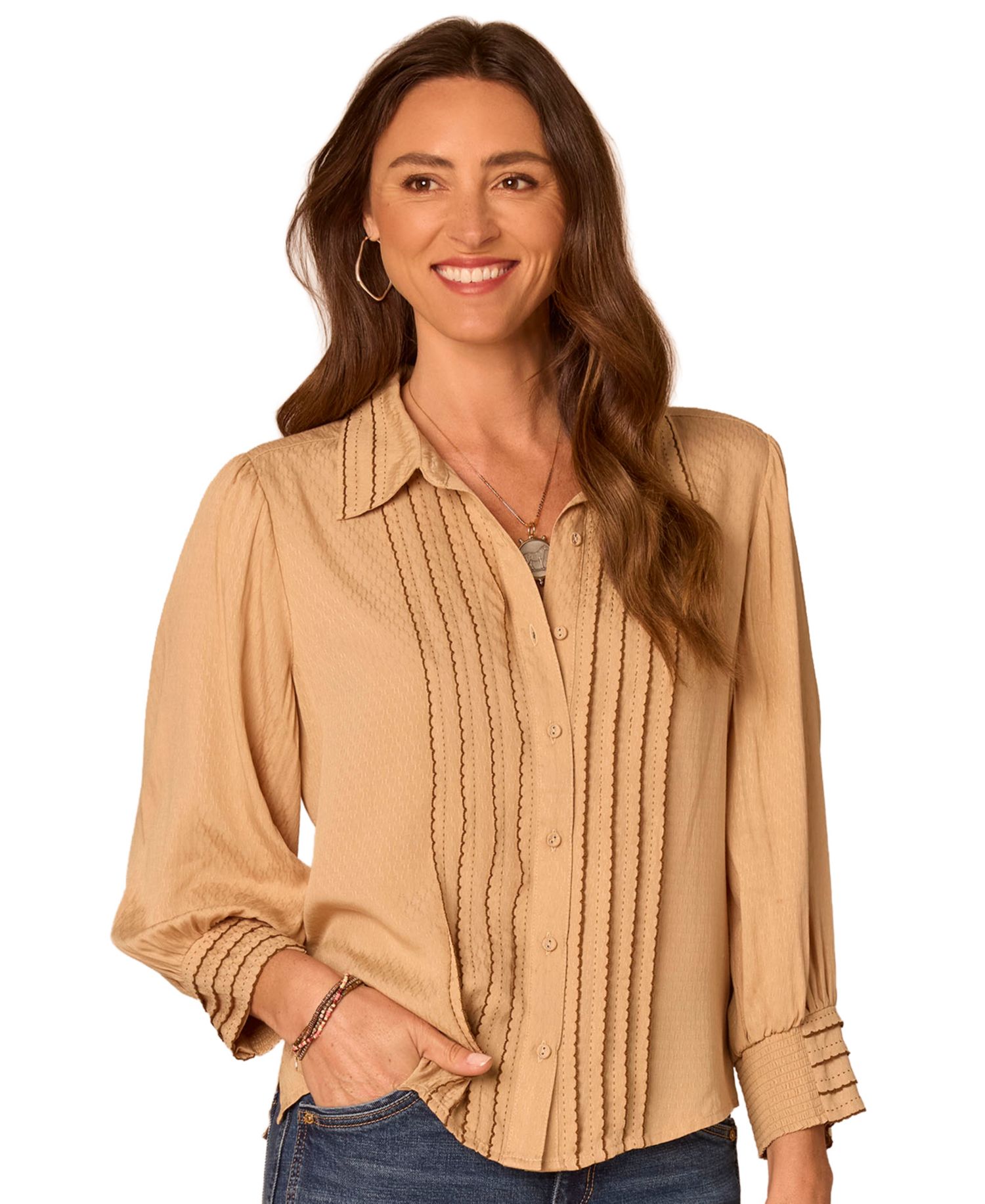 Women's 3/4-Sleeve Button Down Bubble Hem Blouse
