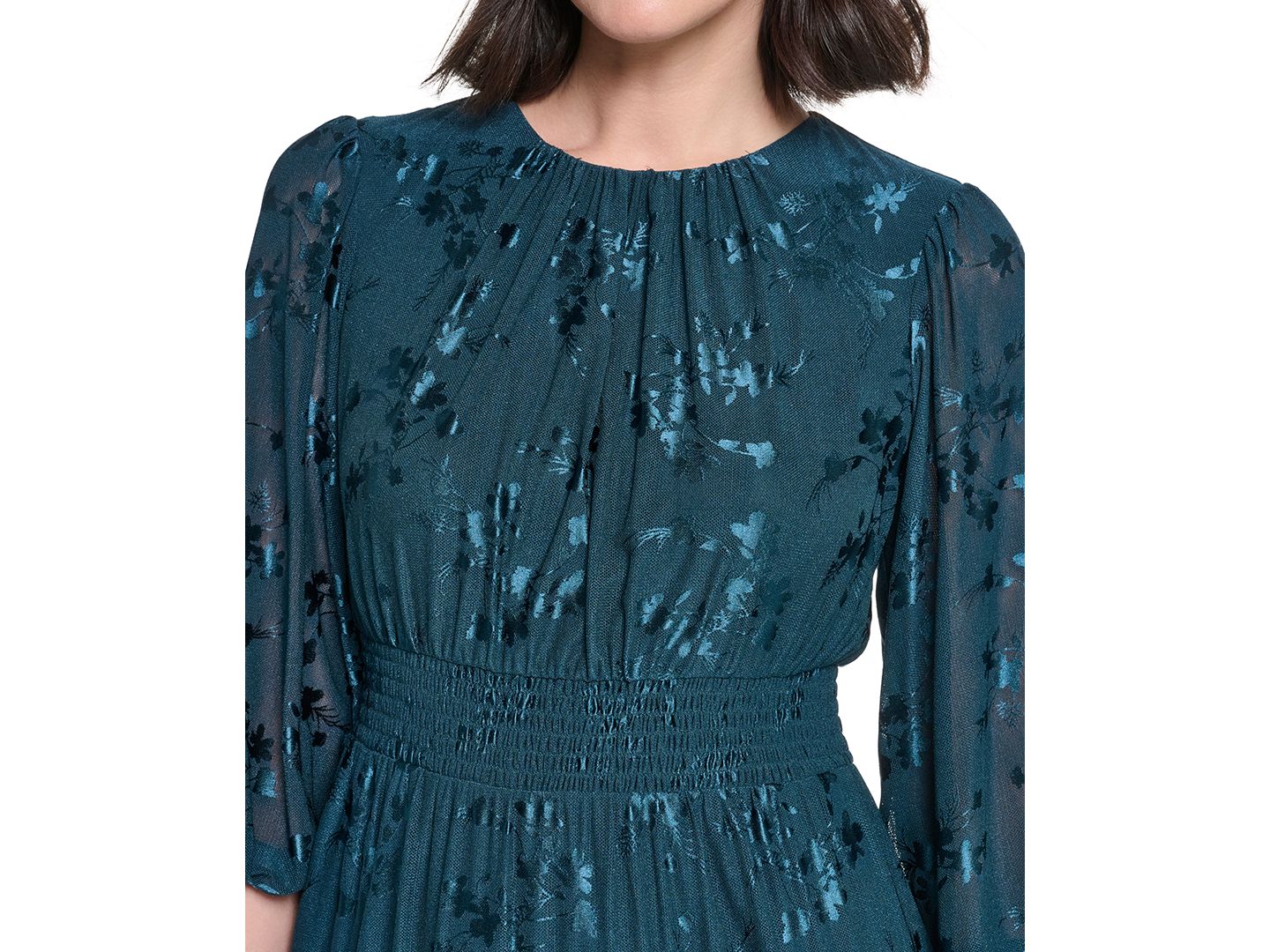 Женское платье Jessica Howard Petite 3/4-Sleeve Smocked Floral Midi, цвет: Тёмно-зелёный — фото 4