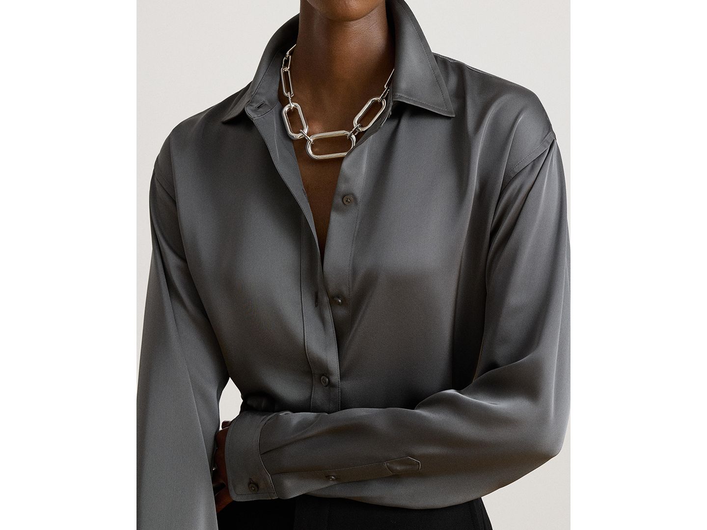 Женская блузка Lauren Ralph Lauren Petite Long-Sleeve Satin, цвет: Сланцевый — фото 4