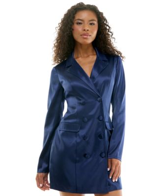 Juniors' Double-Breasted Long-Sleeve Satin Blazer Dress