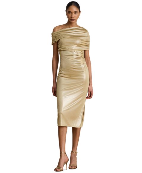 Женское платье Lauren Ralph Lauren Metallic Off-the-Shoulder Cocktail, цвет: Берёзовый рыжевато-коричневый / Золотой