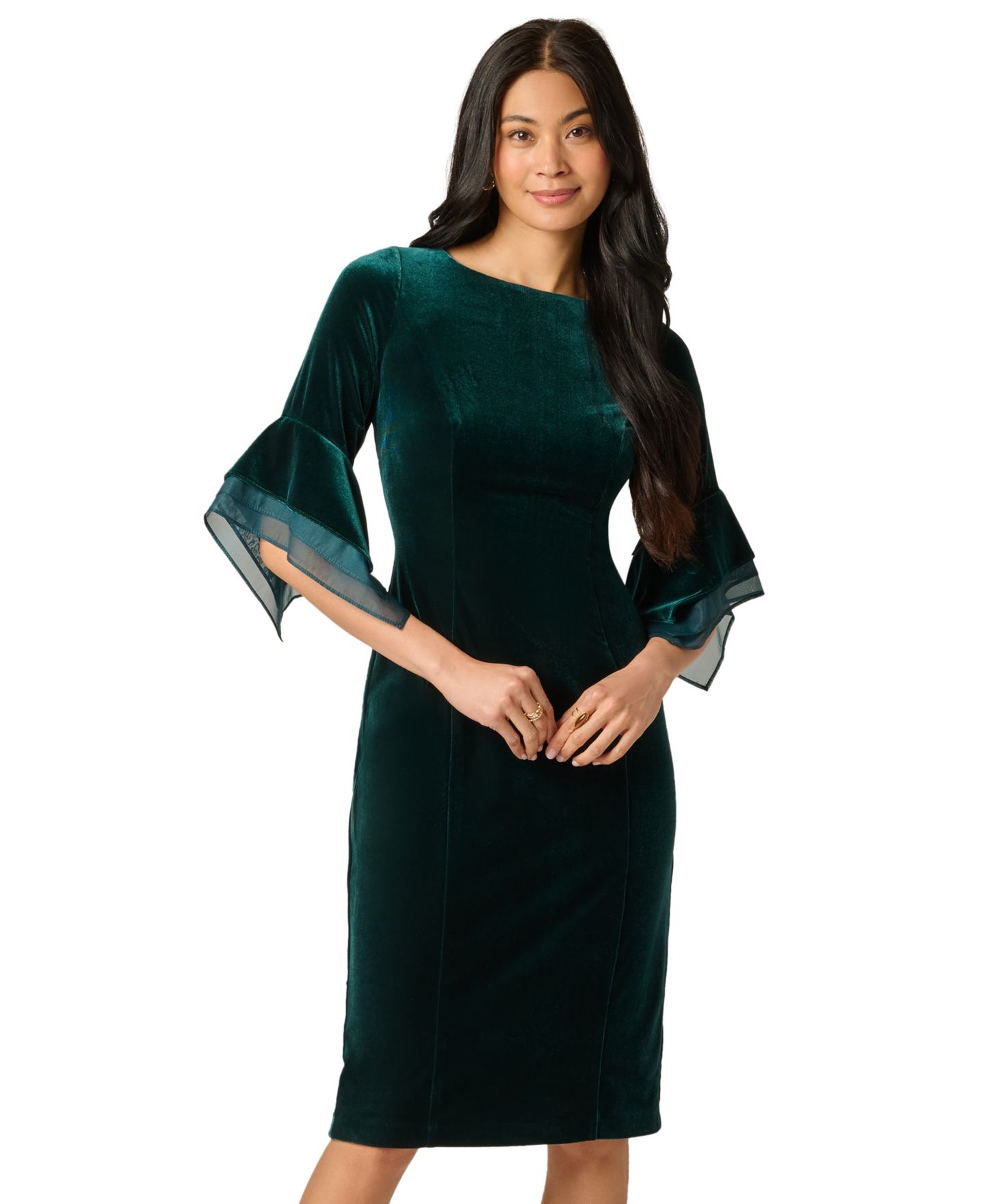 Женское платье Adrianna Papell Petite Velvet Bell-Sleeve Mesh-Trim, цвет: Тёмно-зелёный — фото 3