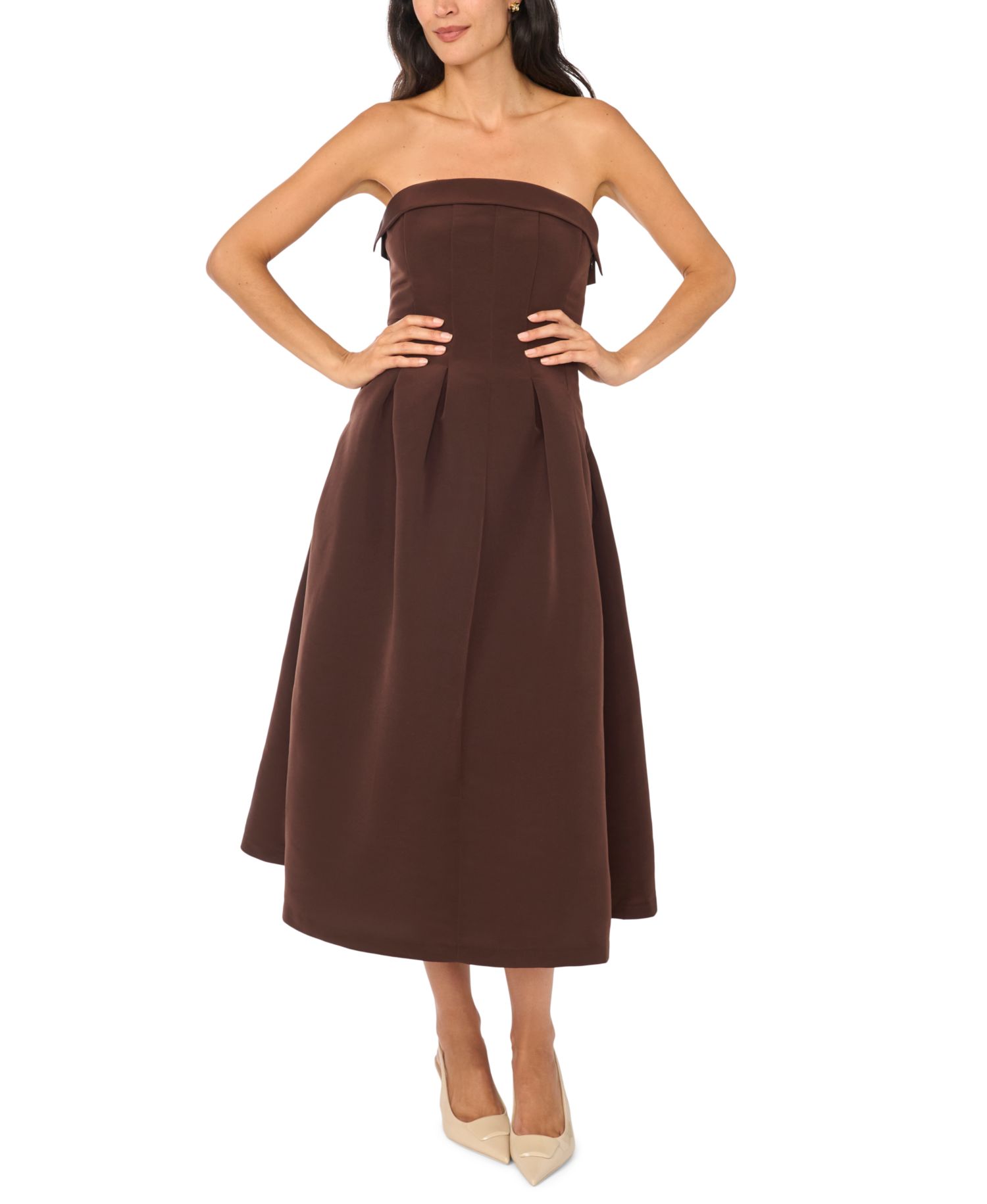 Women's Fit & Flare Pleated Strapless Midi Dress