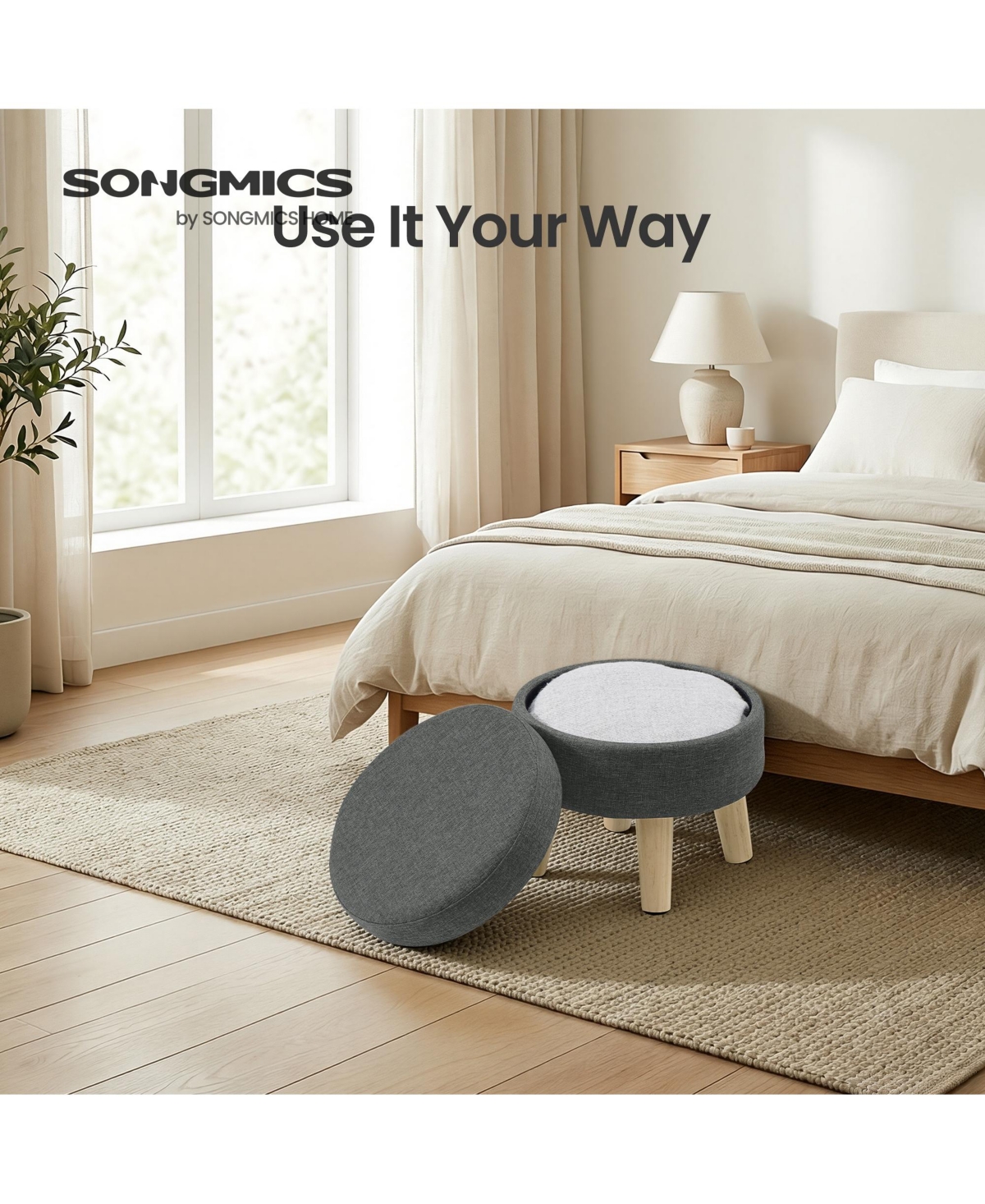 SongmicsHome Round Ottoman, Foot Rest with Wood Legs, Small Table, for Hallway, Living Room, Linen-Look Fabric
